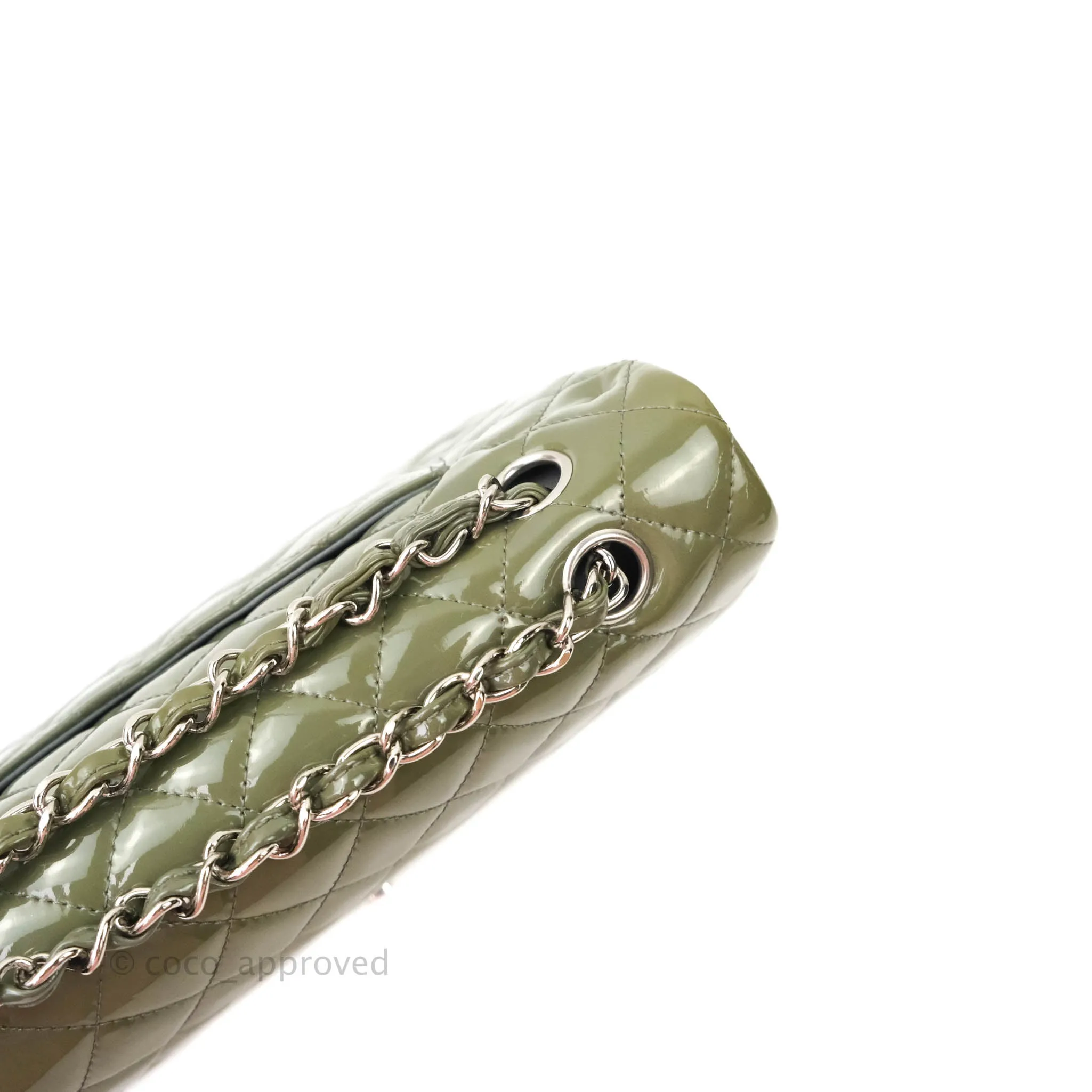 Chanel Classic M/L Medium Double Flap Olive Green Patent Silver Hardware