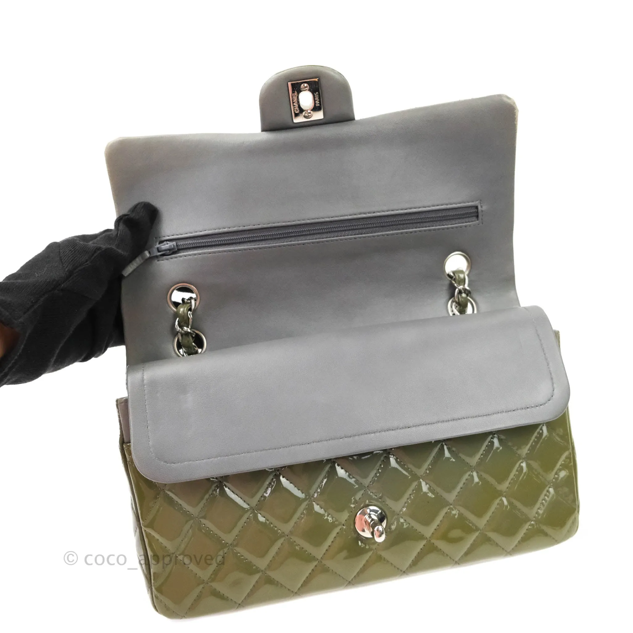 Chanel Classic M/L Medium Double Flap Olive Green Patent Silver Hardware