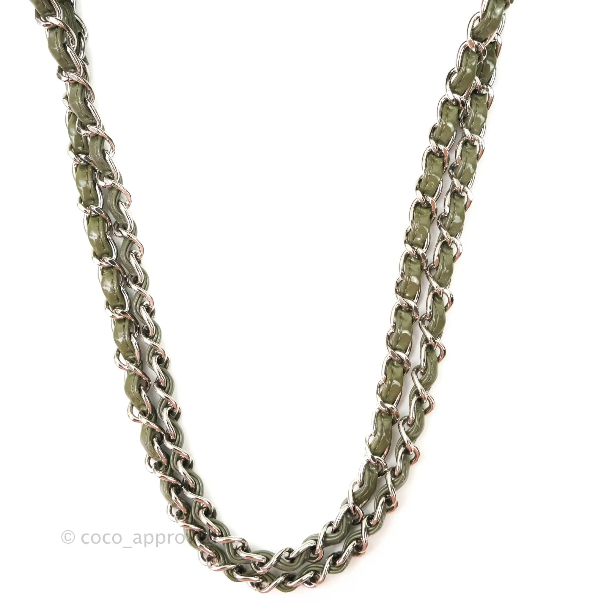 Chanel Classic M/L Medium Double Flap Olive Green Patent Silver Hardware