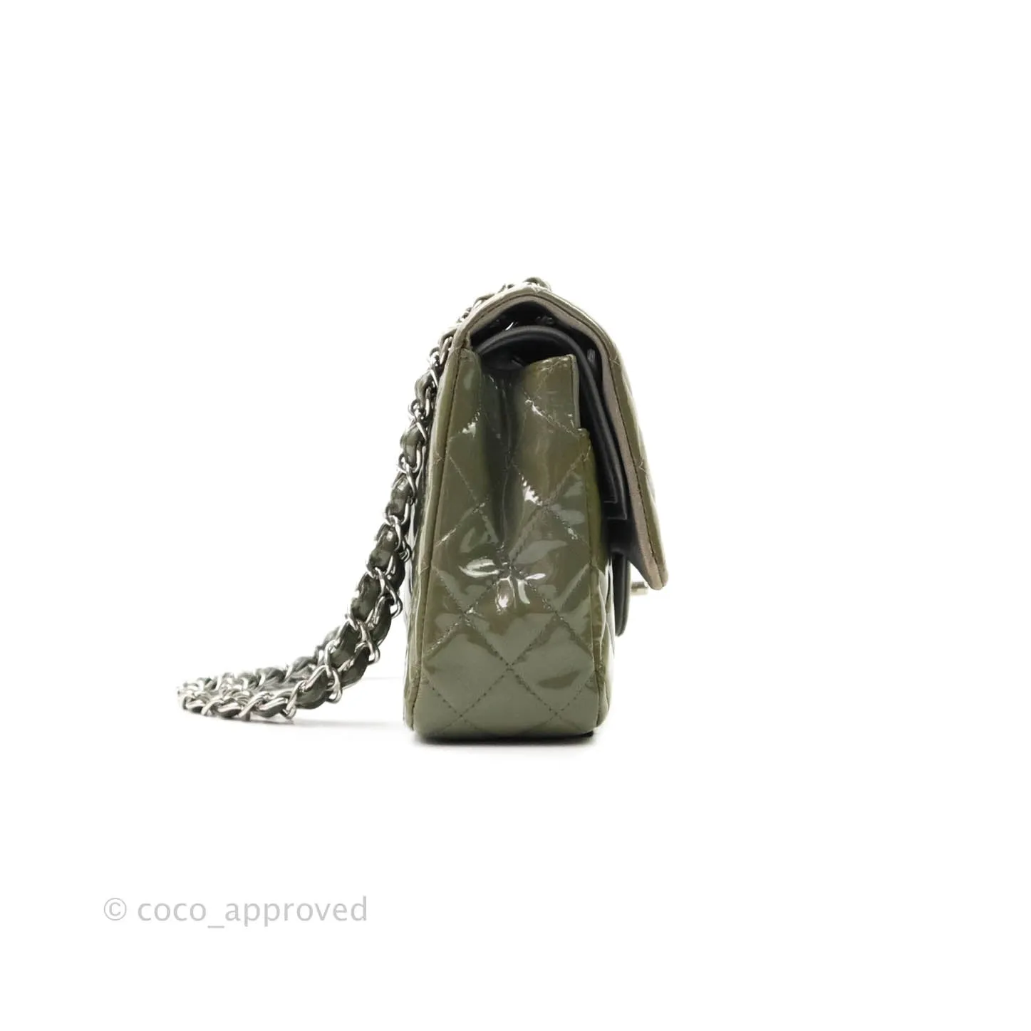 Chanel Classic M/L Medium Double Flap Olive Green Patent Silver Hardware