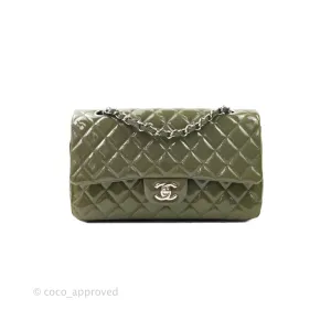 Chanel Classic M/L Medium Double Flap Olive Green Patent Silver Hardware