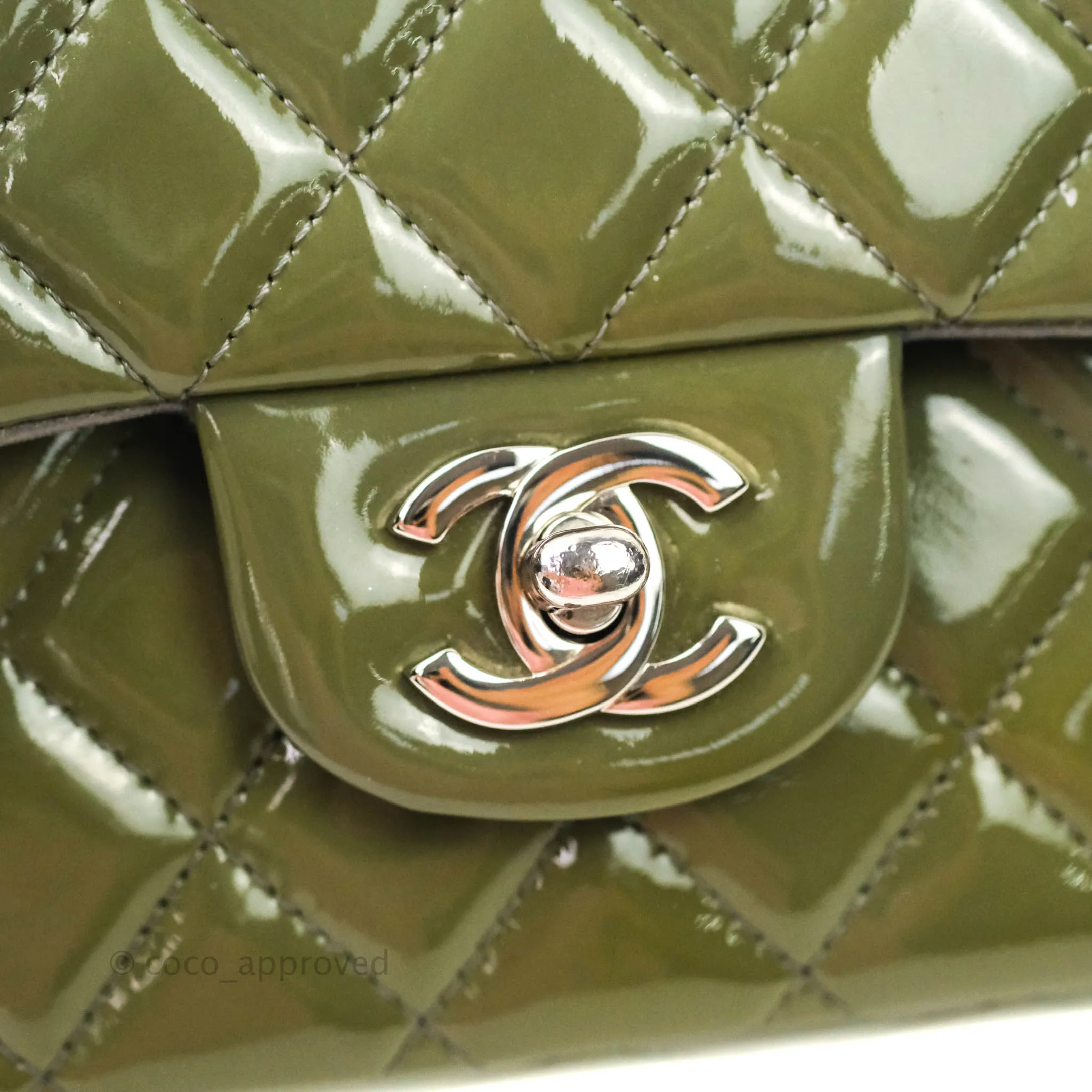 Chanel Classic M/L Medium Double Flap Olive Green Patent Silver Hardware