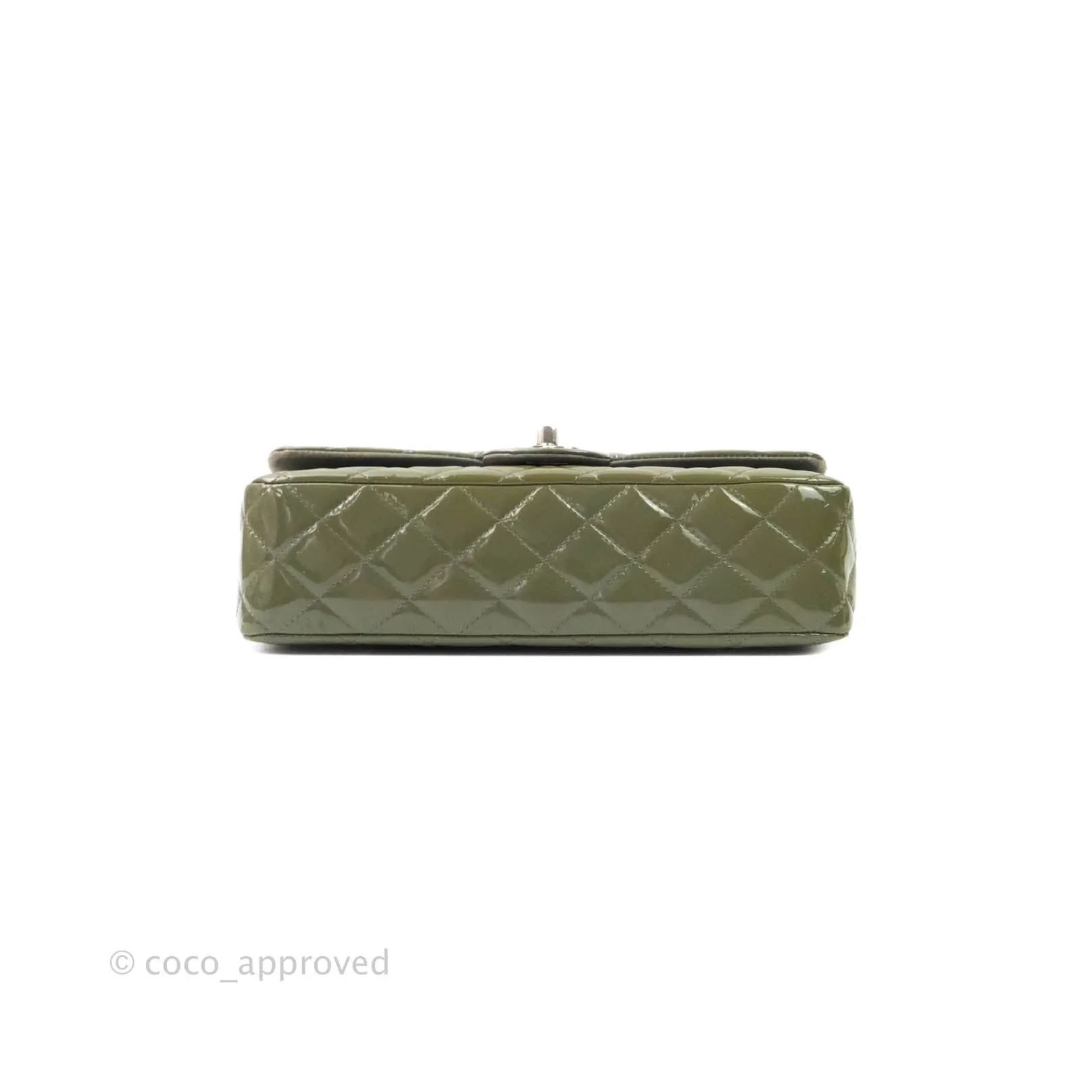 Chanel Classic M/L Medium Double Flap Olive Green Patent Silver Hardware