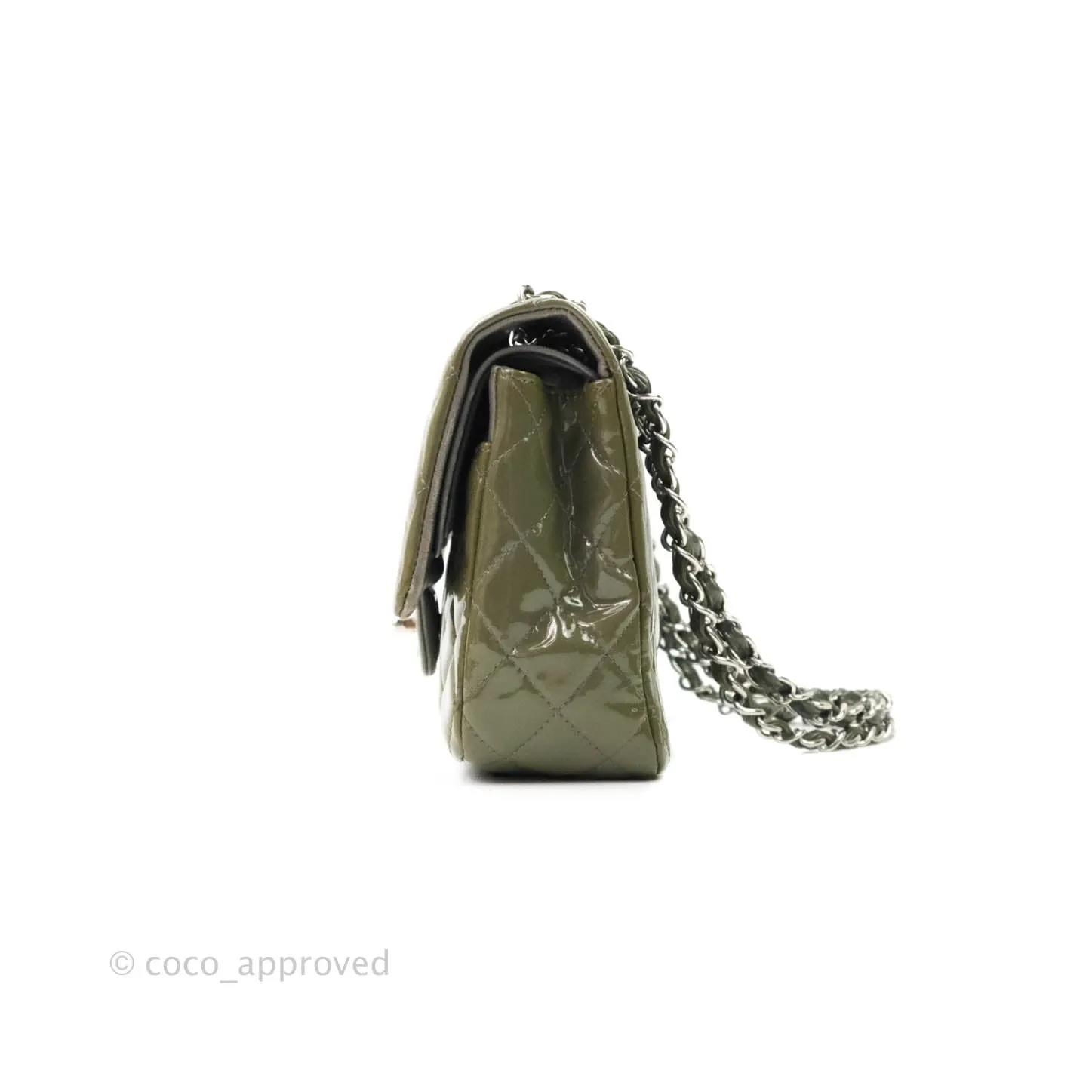 Chanel Classic M/L Medium Double Flap Olive Green Patent Silver Hardware