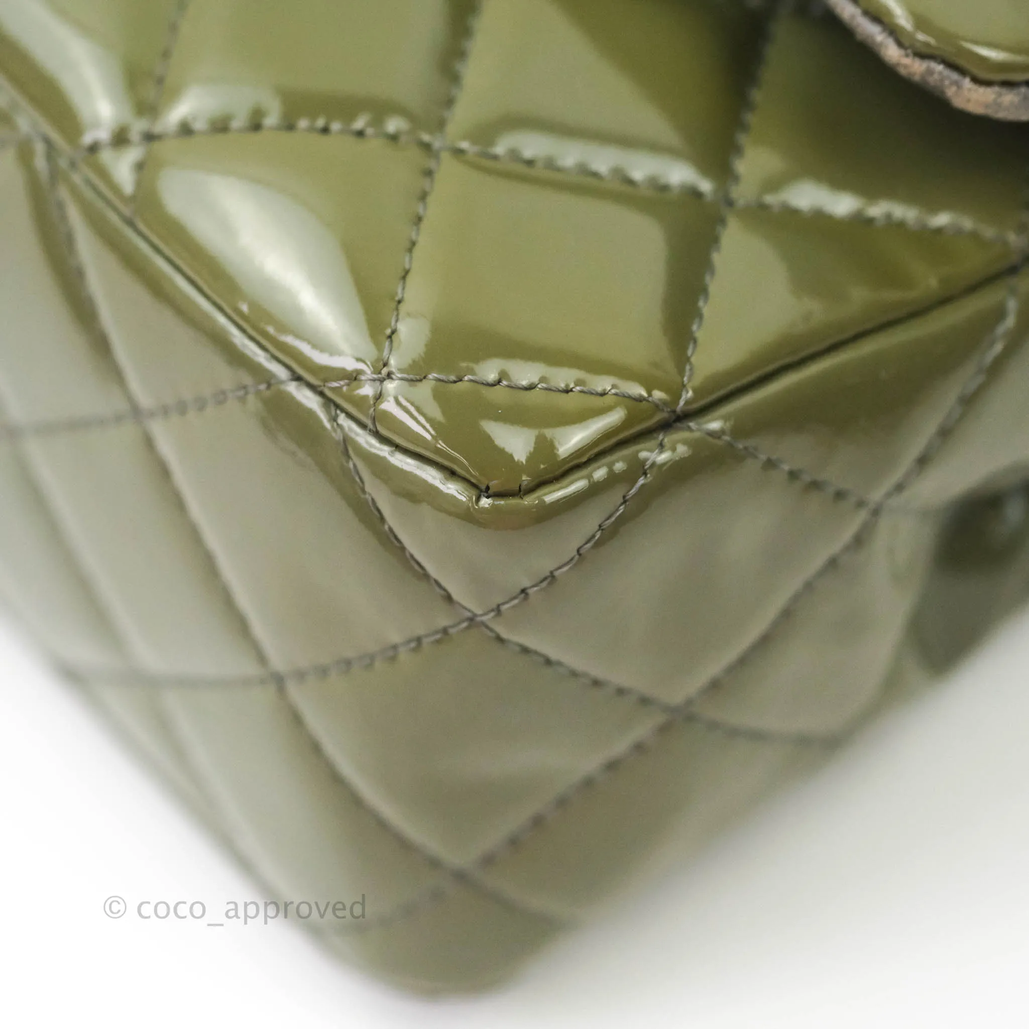 Chanel Classic M/L Medium Double Flap Olive Green Patent Silver Hardware
