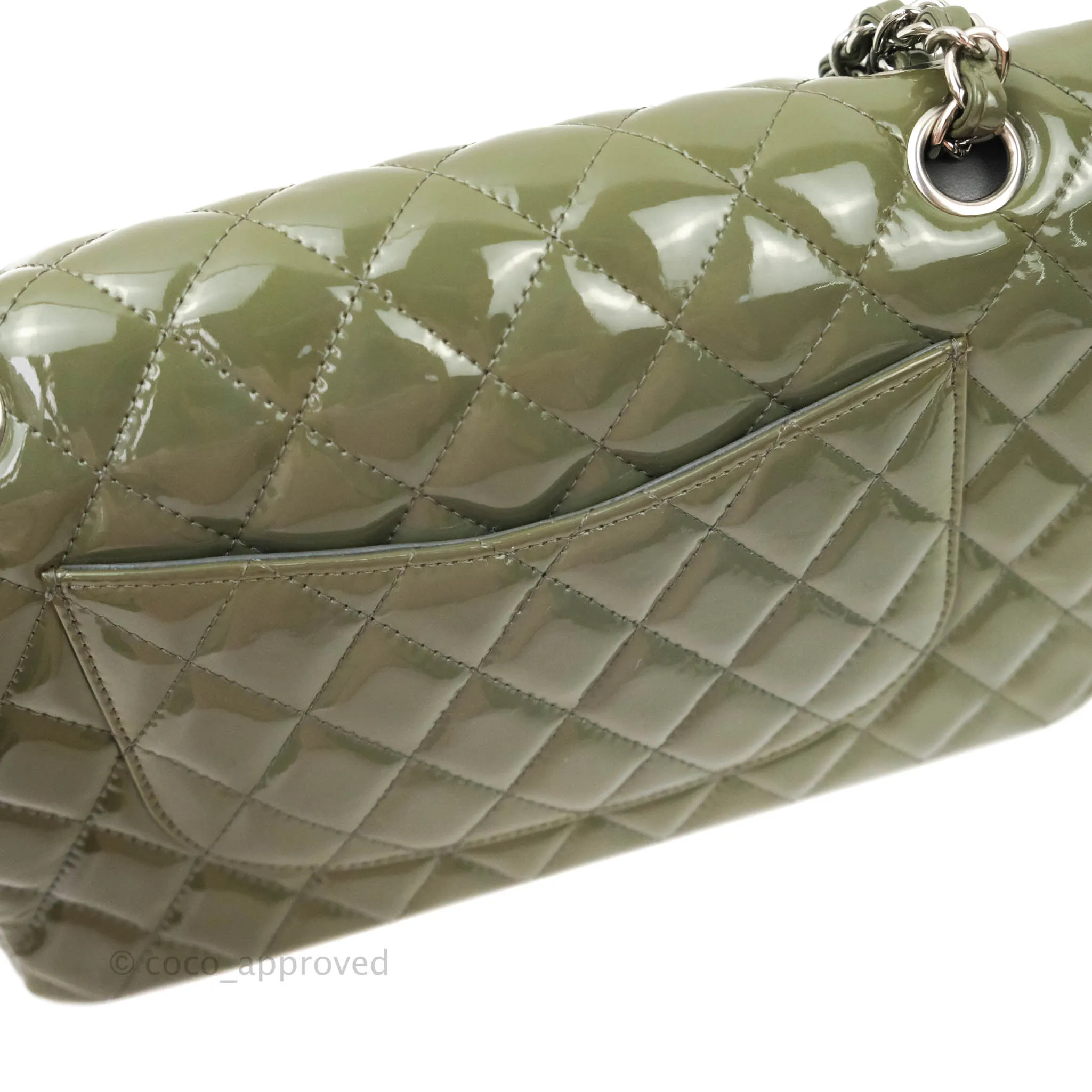Chanel Classic M/L Medium Double Flap Olive Green Patent Silver Hardware