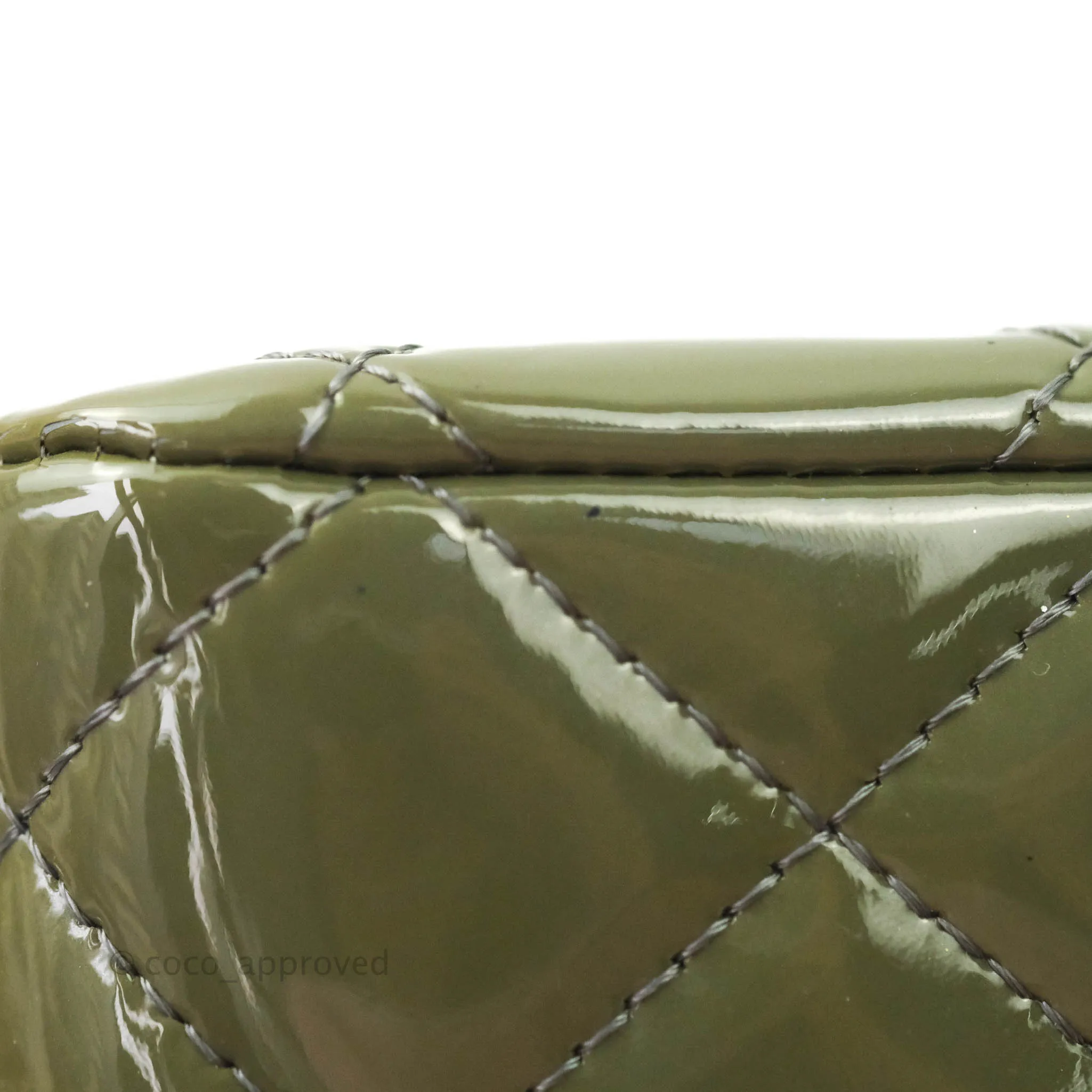 Chanel Classic M/L Medium Double Flap Olive Green Patent Silver Hardware