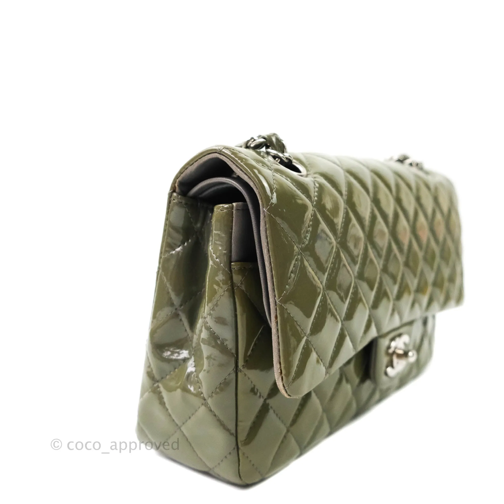 Chanel Classic M/L Medium Double Flap Olive Green Patent Silver Hardware