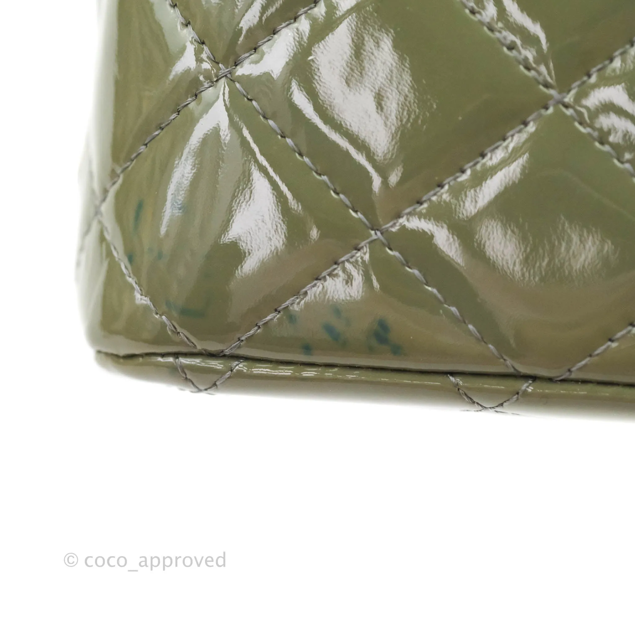 Chanel Classic M/L Medium Double Flap Olive Green Patent Silver Hardware