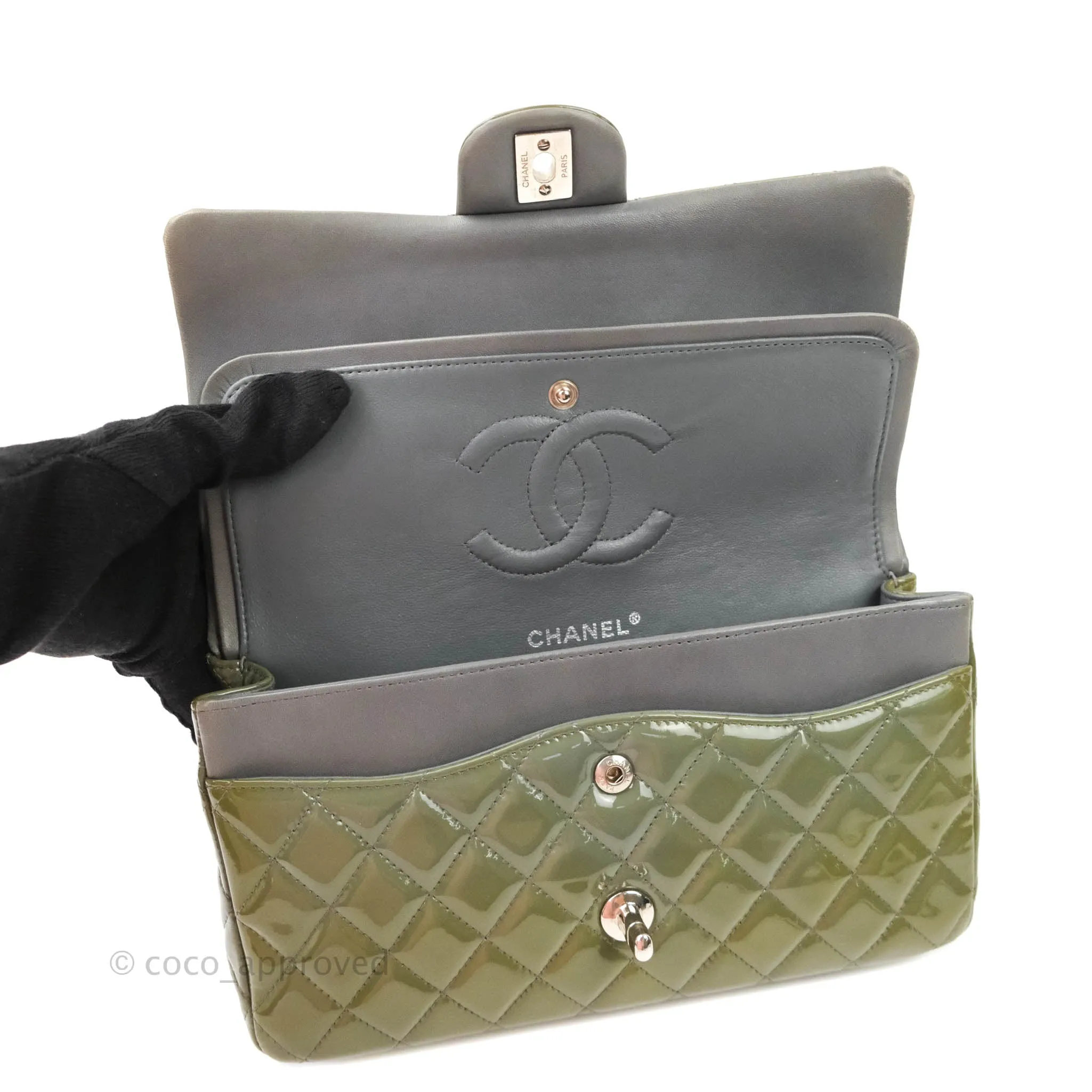Chanel Classic M/L Medium Double Flap Olive Green Patent Silver Hardware