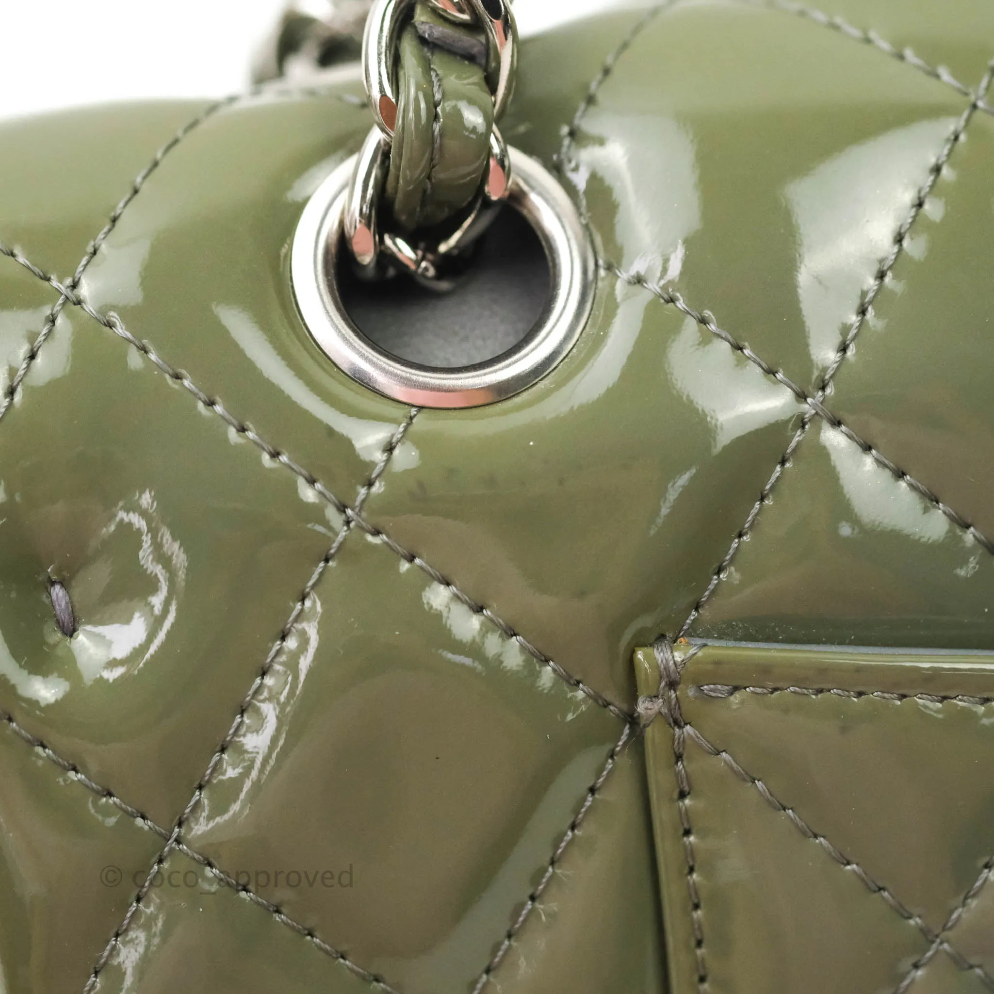 Chanel Classic M/L Medium Double Flap Olive Green Patent Silver Hardware