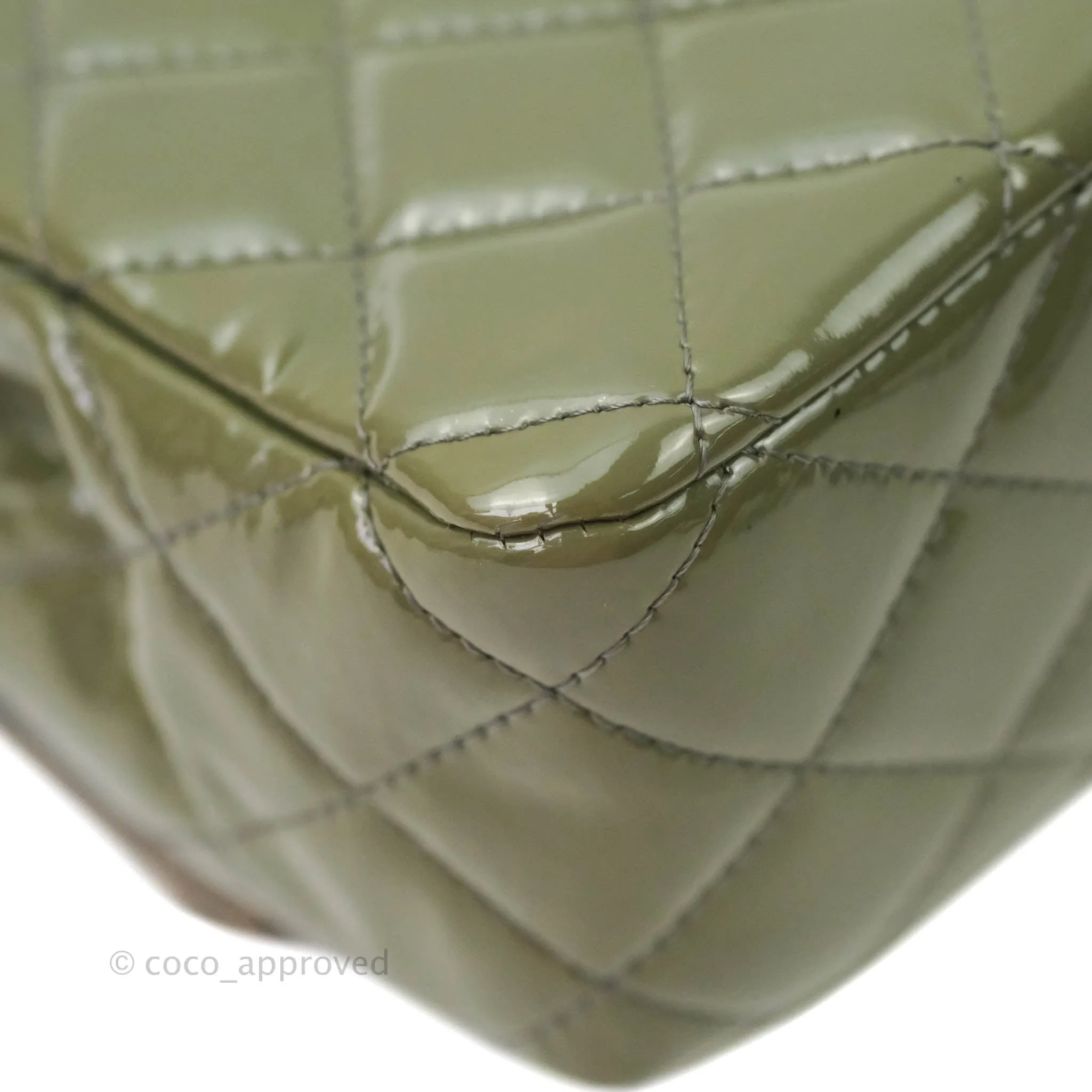 Chanel Classic M/L Medium Double Flap Olive Green Patent Silver Hardware