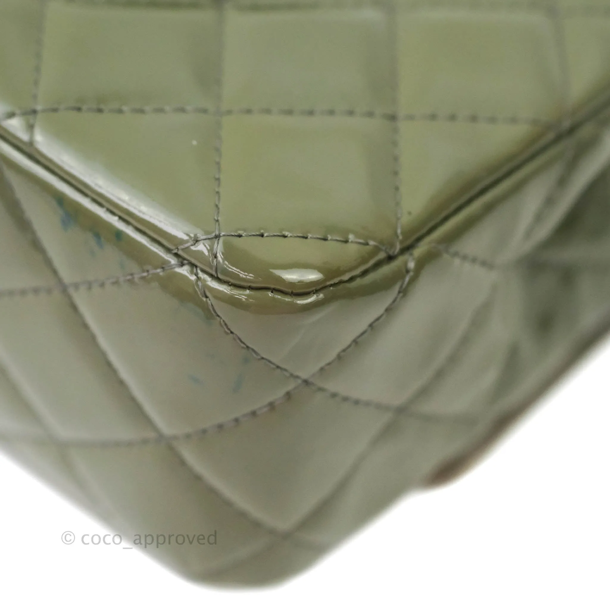 Chanel Classic M/L Medium Double Flap Olive Green Patent Silver Hardware