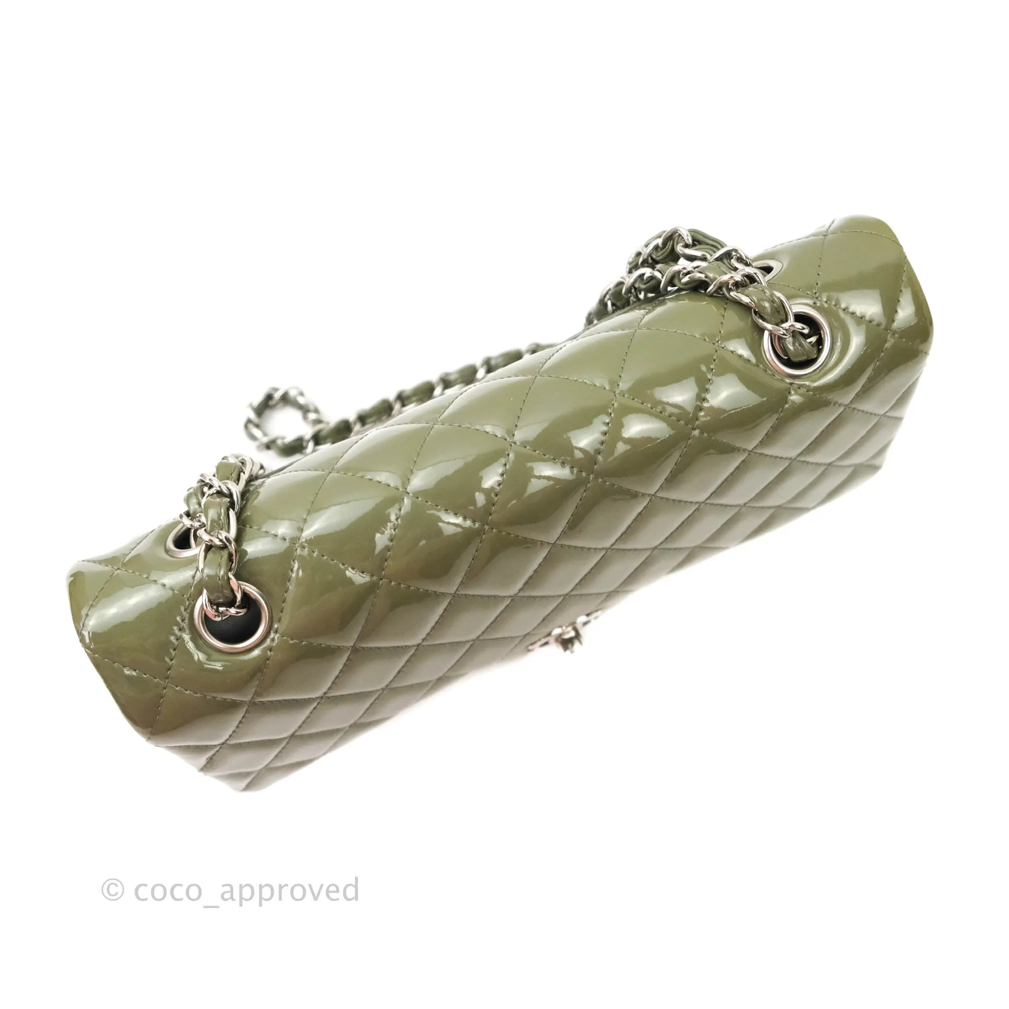 Chanel Classic M/L Medium Double Flap Olive Green Patent Silver Hardware