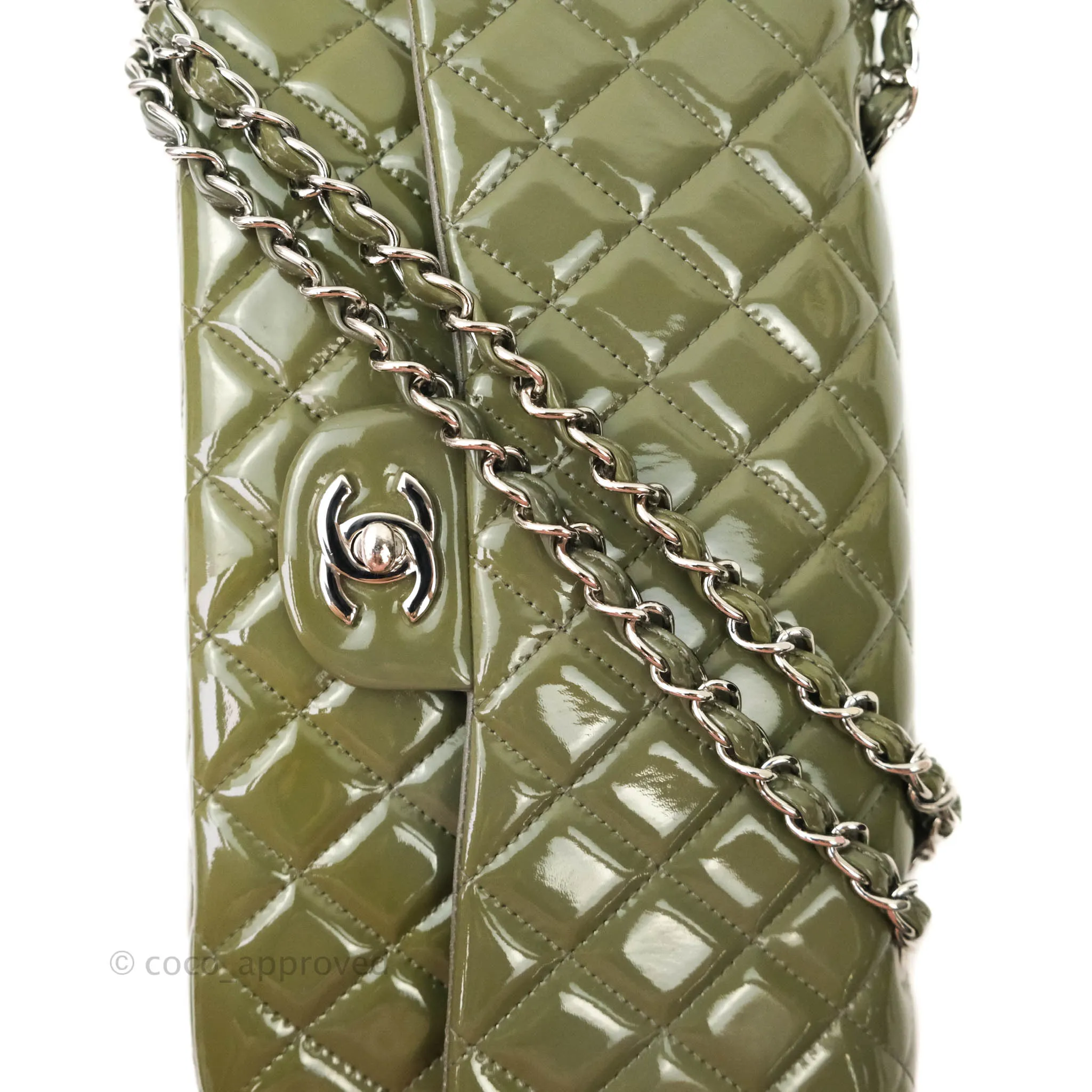 Chanel Classic M/L Medium Double Flap Olive Green Patent Silver Hardware