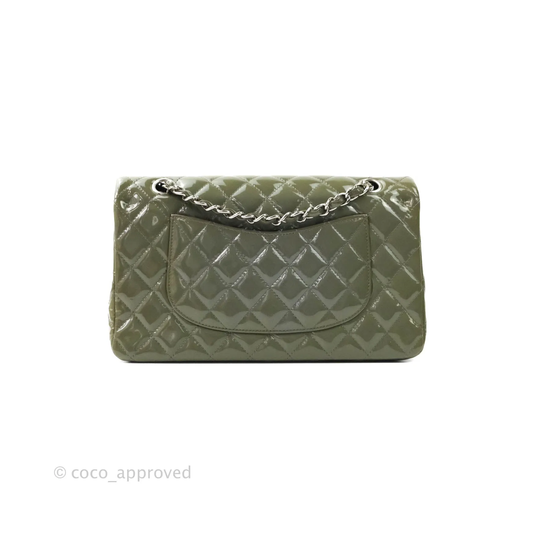 Chanel Classic M/L Medium Double Flap Olive Green Patent Silver Hardware
