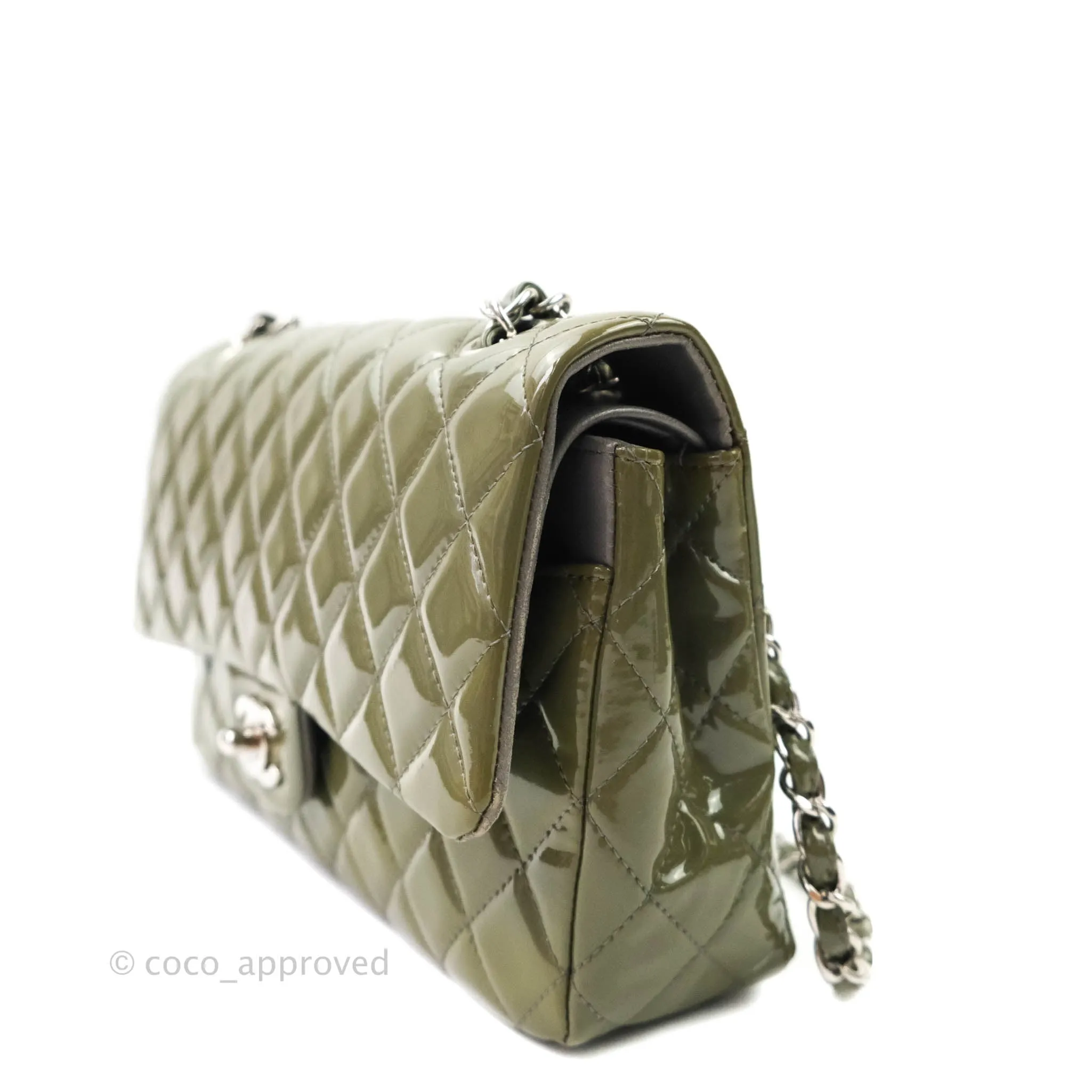 Chanel Classic M/L Medium Double Flap Olive Green Patent Silver Hardware