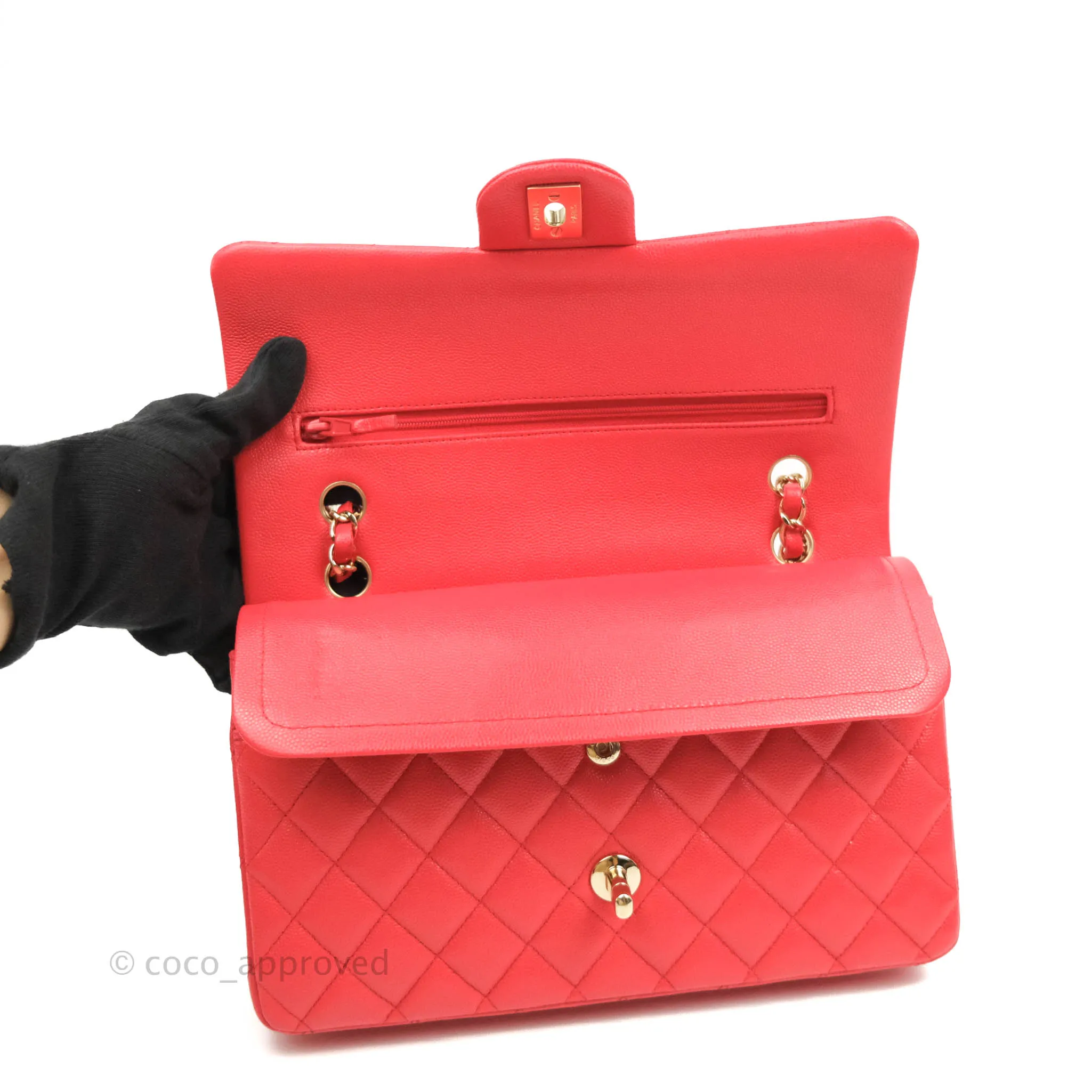 Chanel Classic M/L Medium Double Flap Red Caviar Gold Hardware 20C