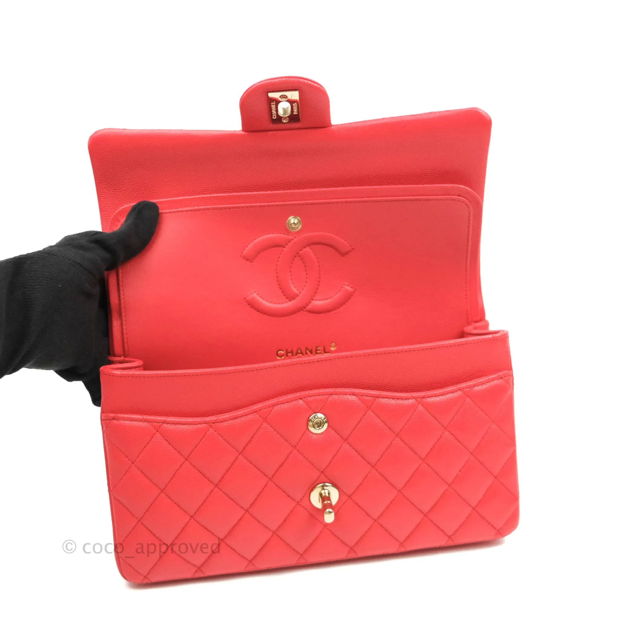 Chanel Classic M/L Medium Double Flap Red Caviar Gold Hardware 20C
