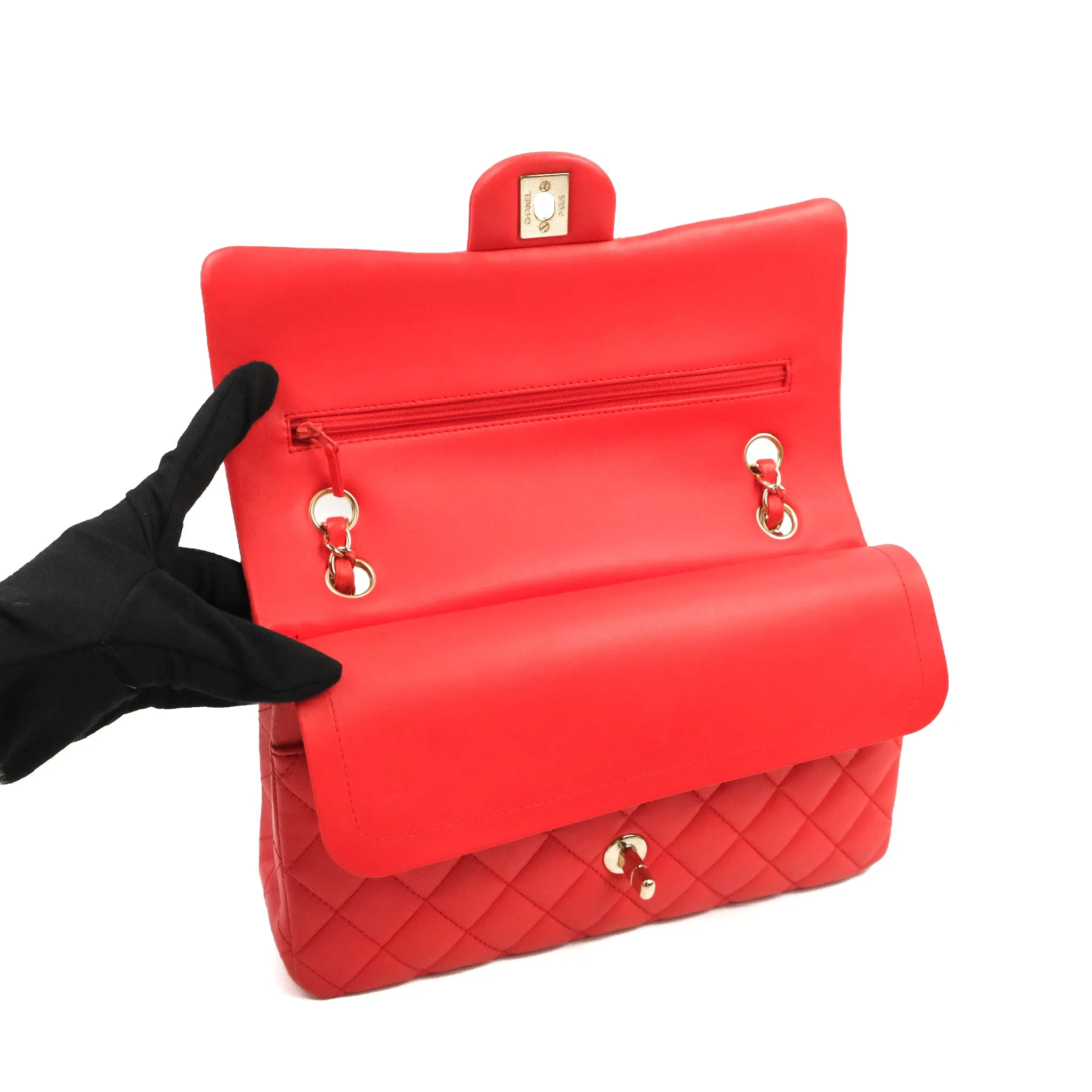 Chanel Classic M/L Medium Double Flap Red Lambskin Gold Hardware