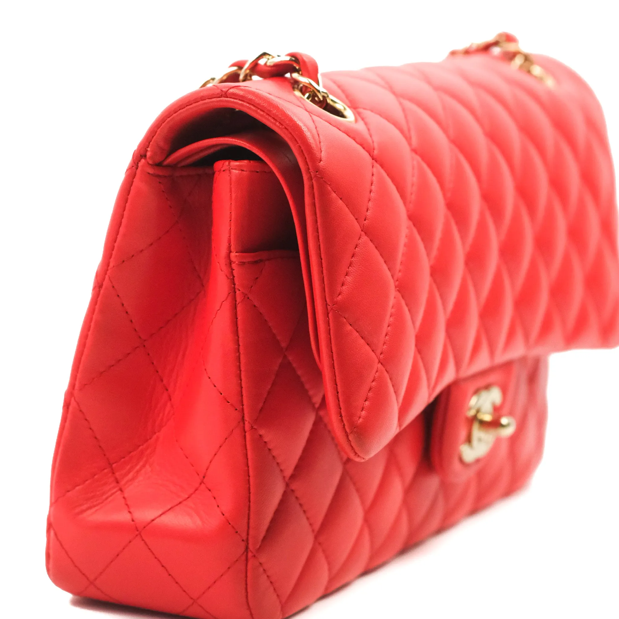 Chanel Classic M/L Medium Double Flap Red Lambskin Gold Hardware