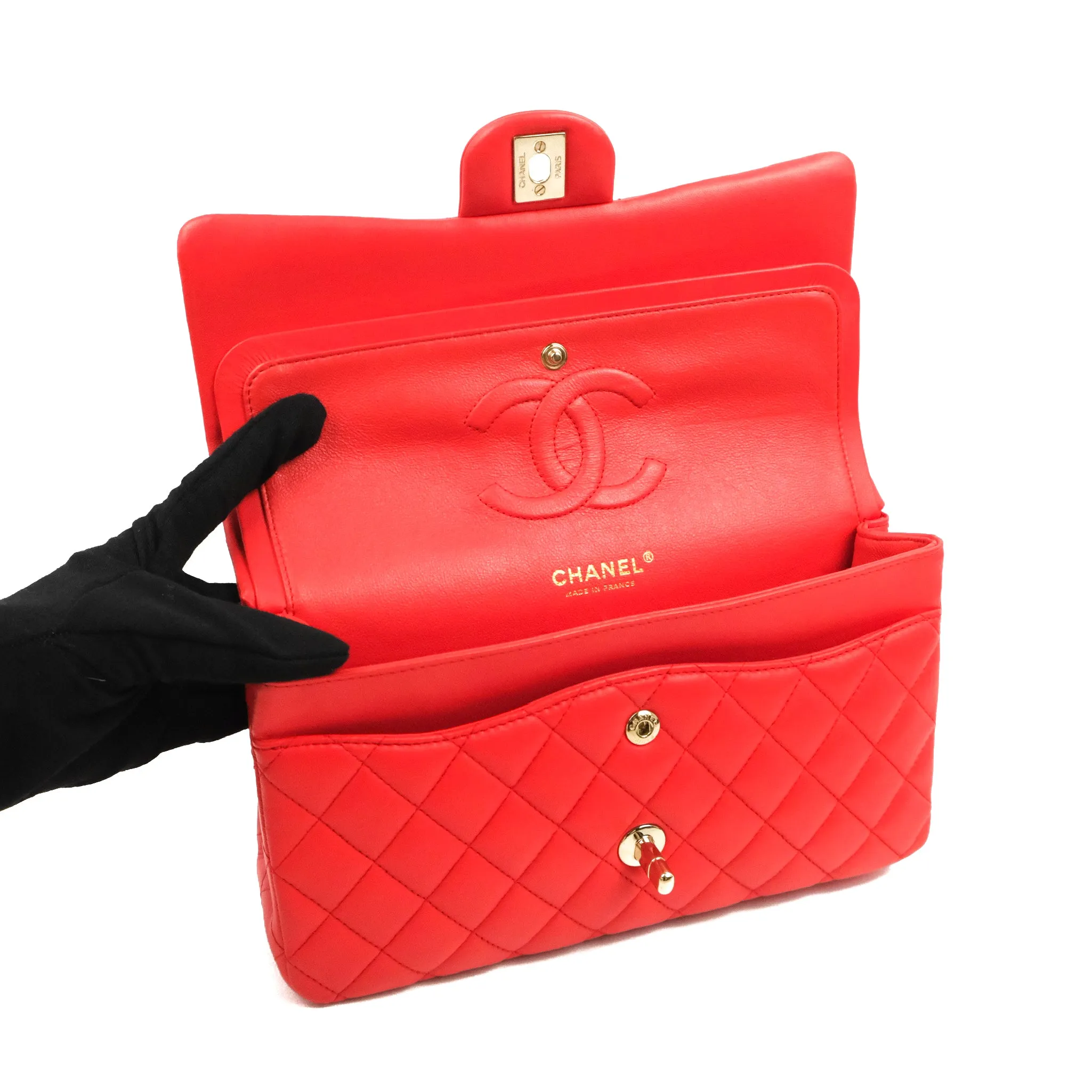 Chanel Classic M/L Medium Double Flap Red Lambskin Gold Hardware