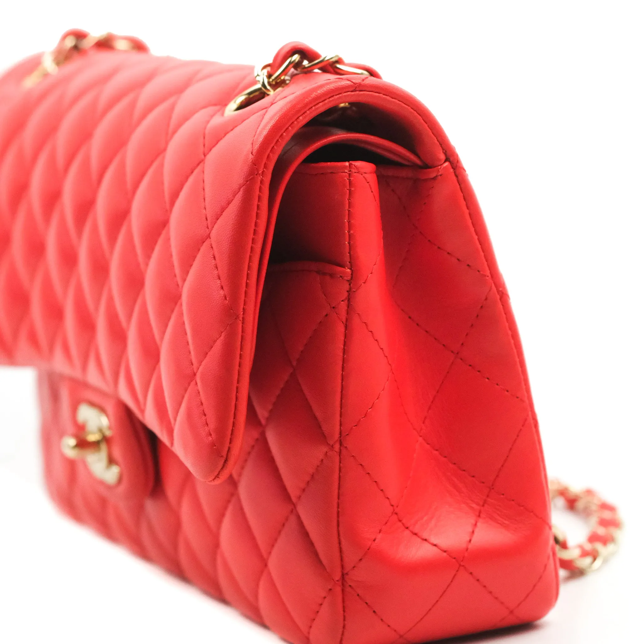 Chanel Classic M/L Medium Double Flap Red Lambskin Gold Hardware