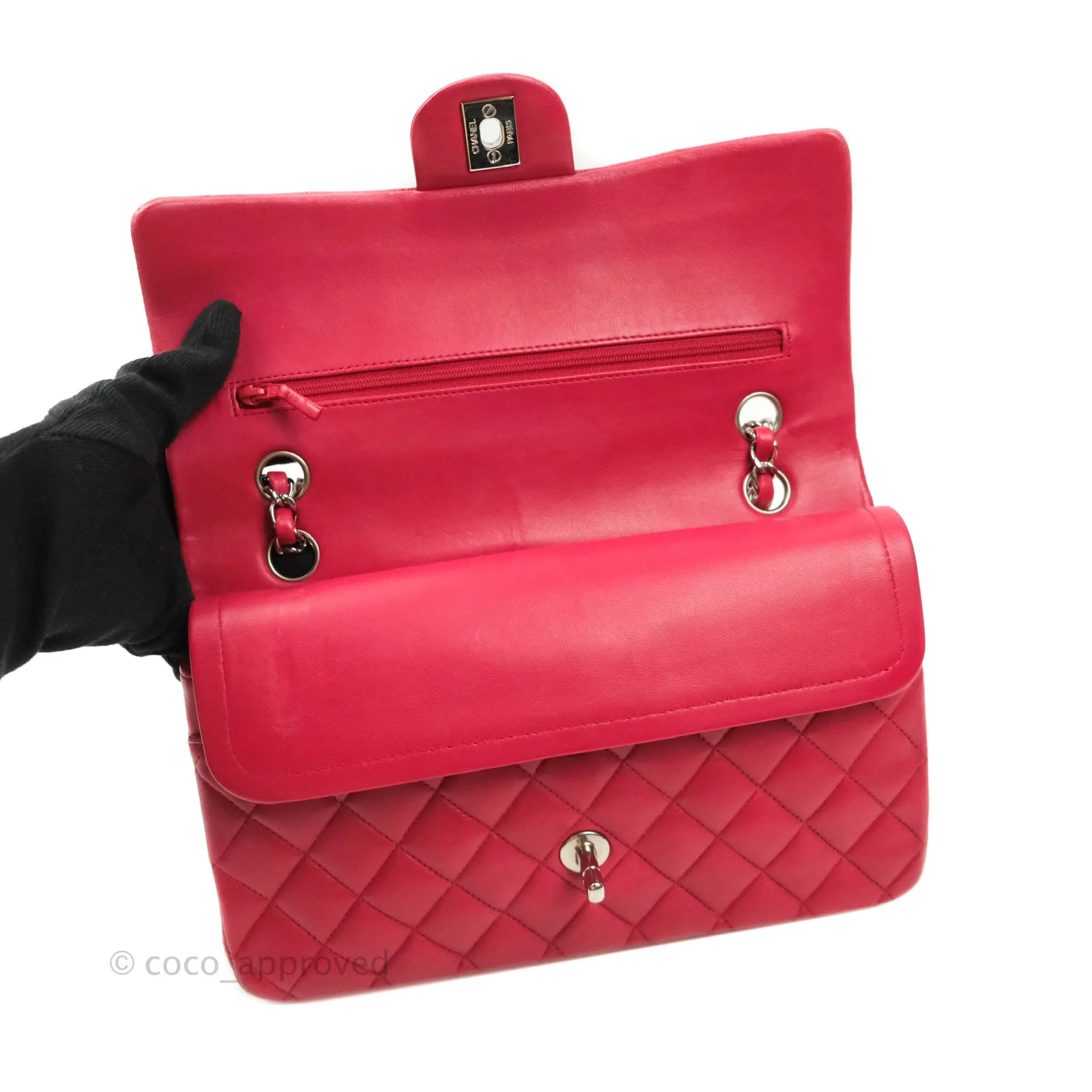 Chanel Classic M/L Medium Double Flap Red Lambskin Silver Hardware