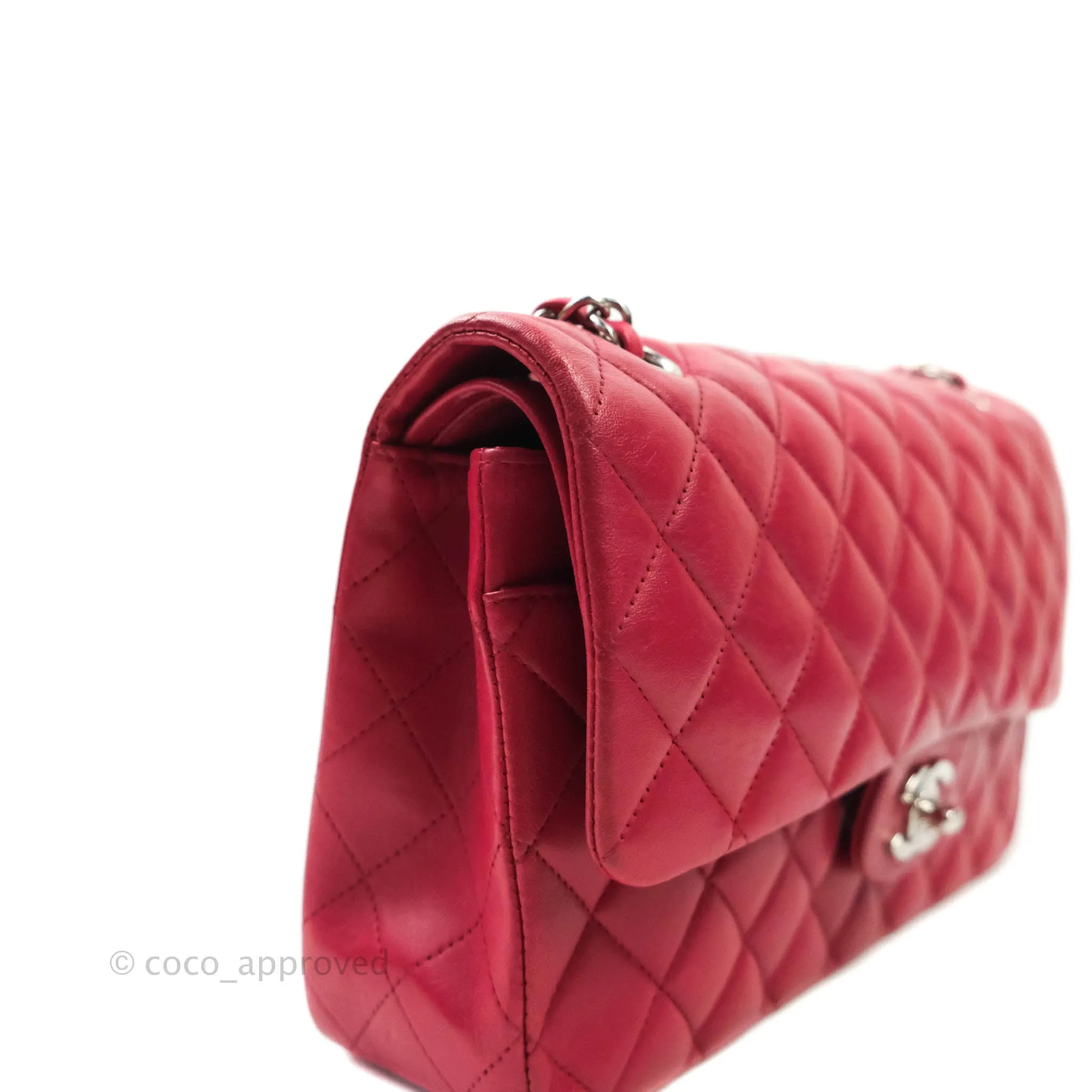Chanel Classic M/L Medium Double Flap Red Lambskin Silver Hardware