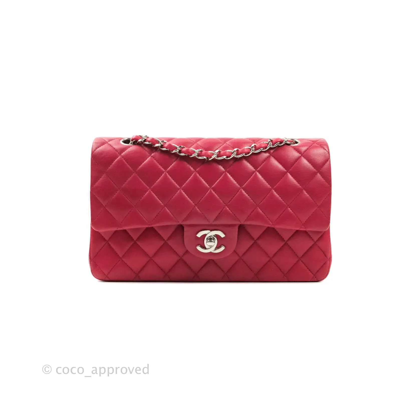 Chanel Classic M/L Medium Double Flap Red Lambskin Silver Hardware