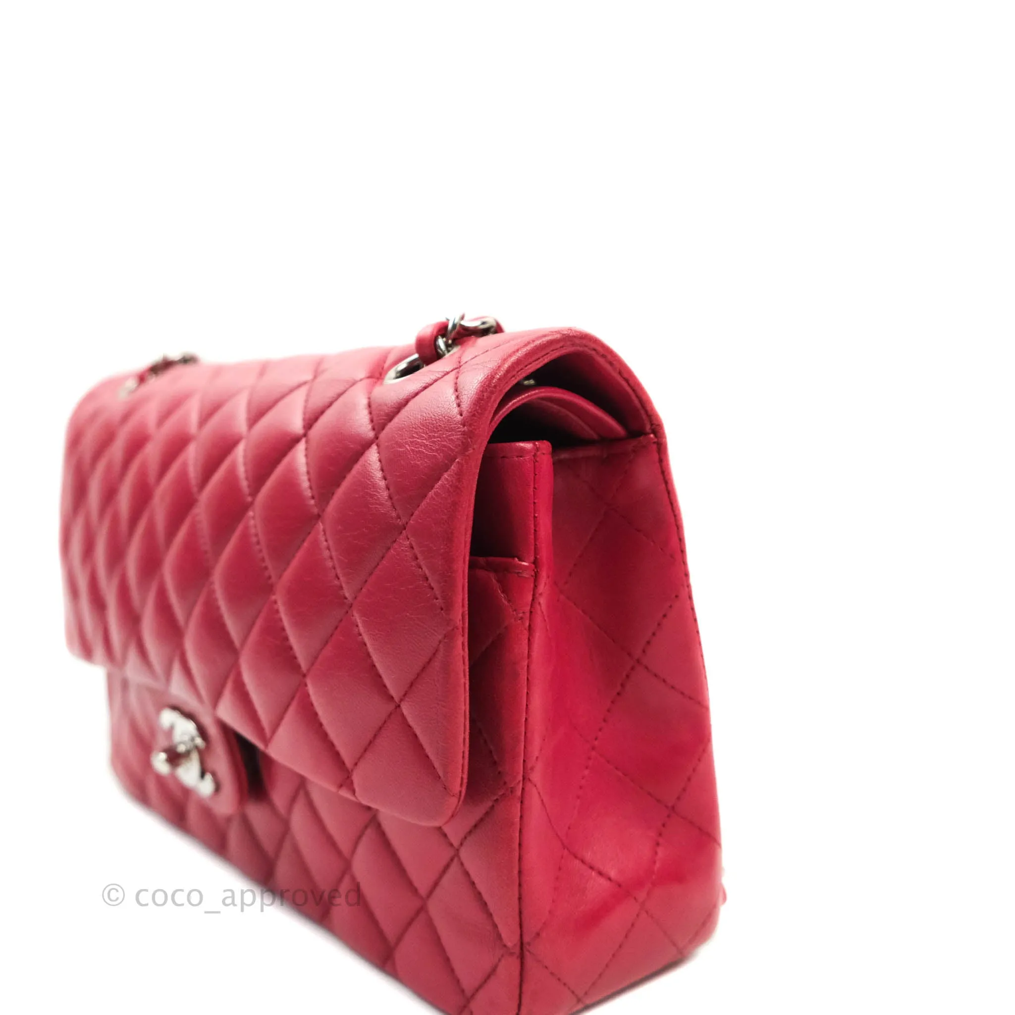 Chanel Classic M/L Medium Double Flap Red Lambskin Silver Hardware