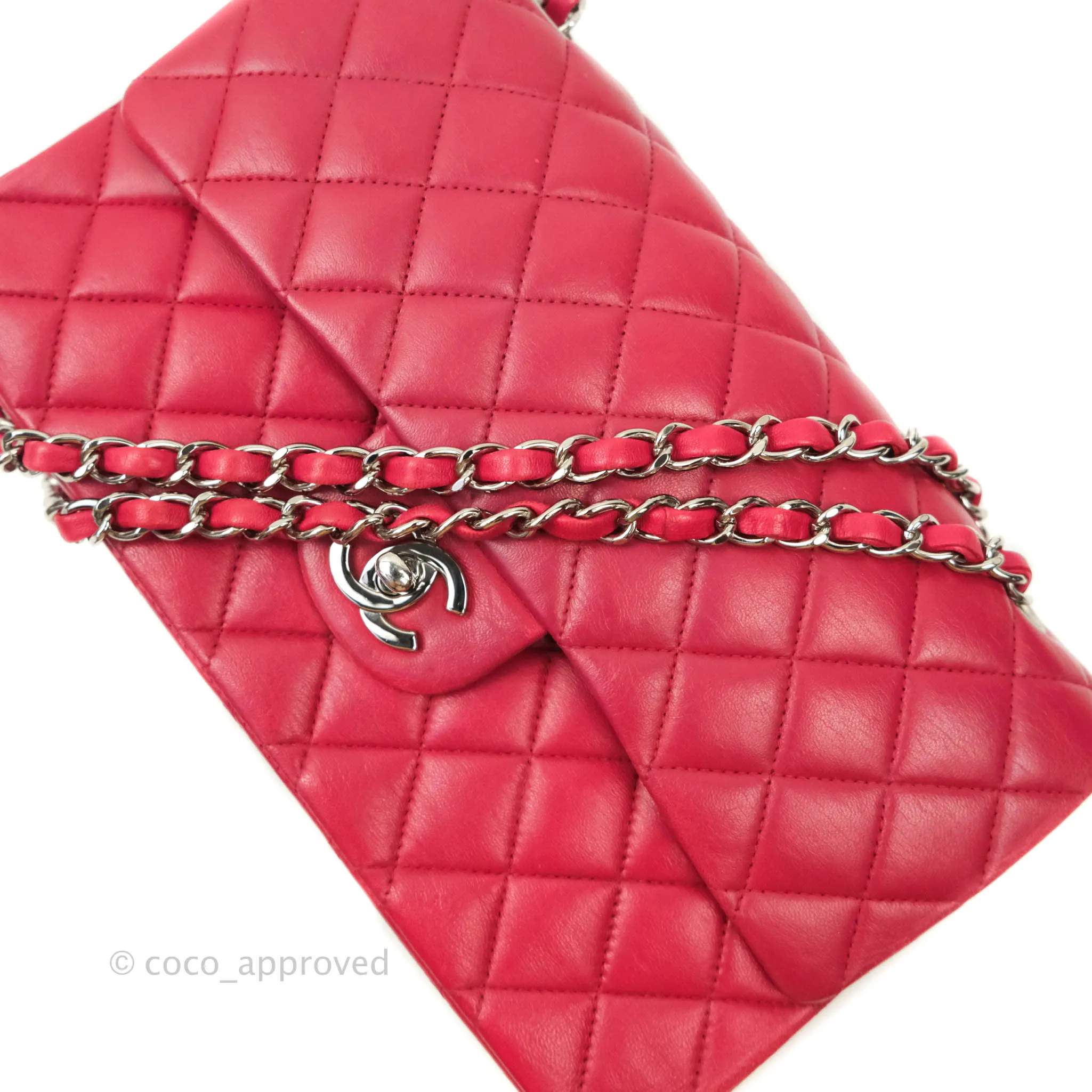 Chanel Classic M/L Medium Double Flap Red Lambskin Silver Hardware