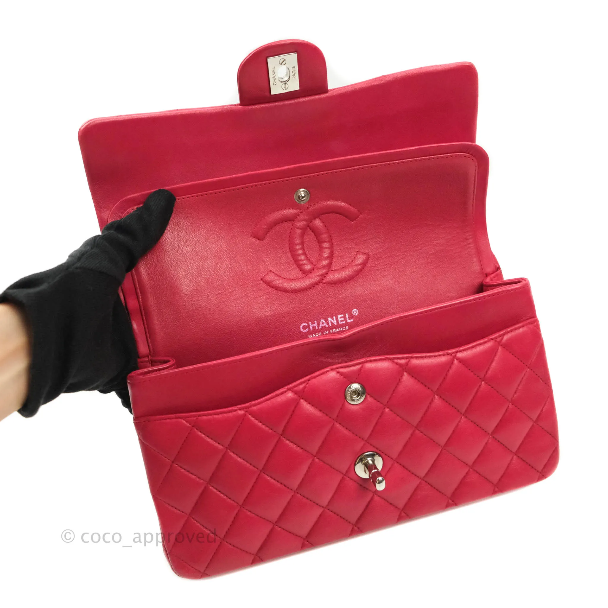 Chanel Classic M/L Medium Double Flap Red Lambskin Silver Hardware