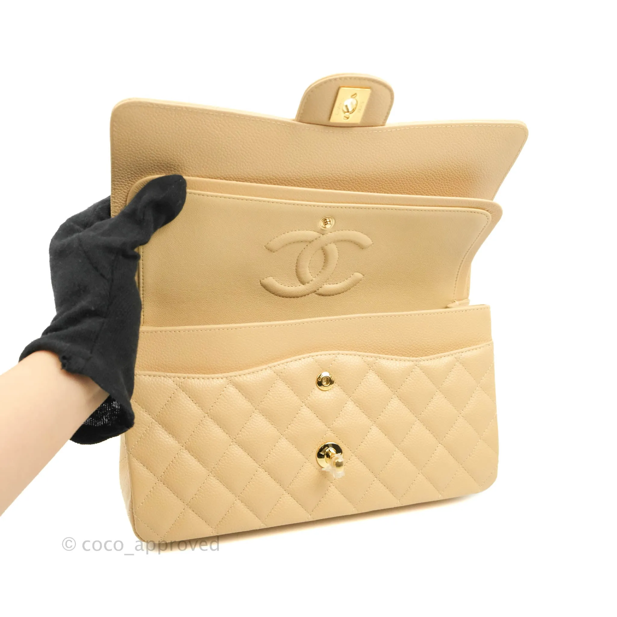 Chanel Classic M/L Medium Flap Quilted Beige Clair Caviar Gold Hardware