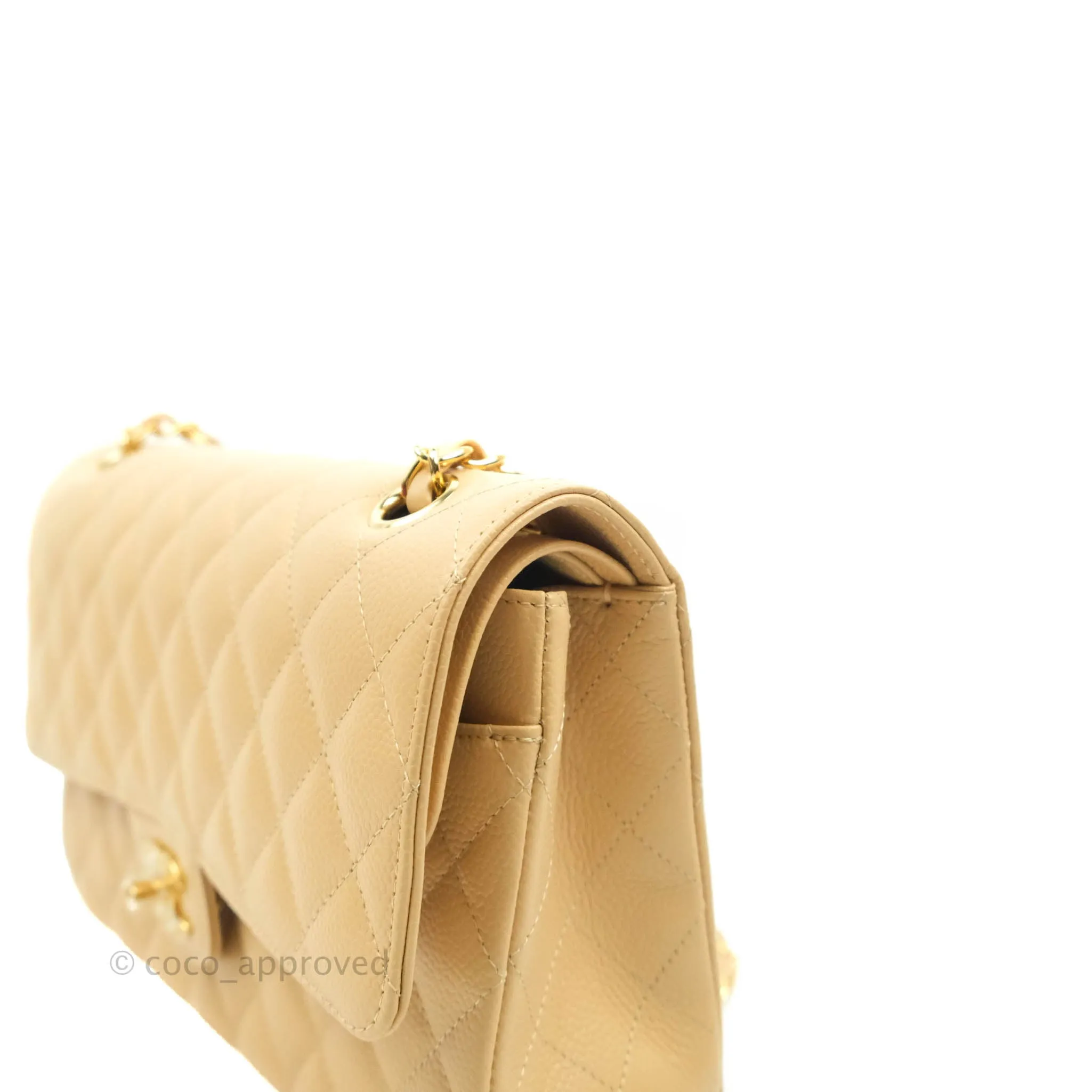 Chanel Classic M/L Medium Flap Quilted Beige Clair Caviar Gold Hardware