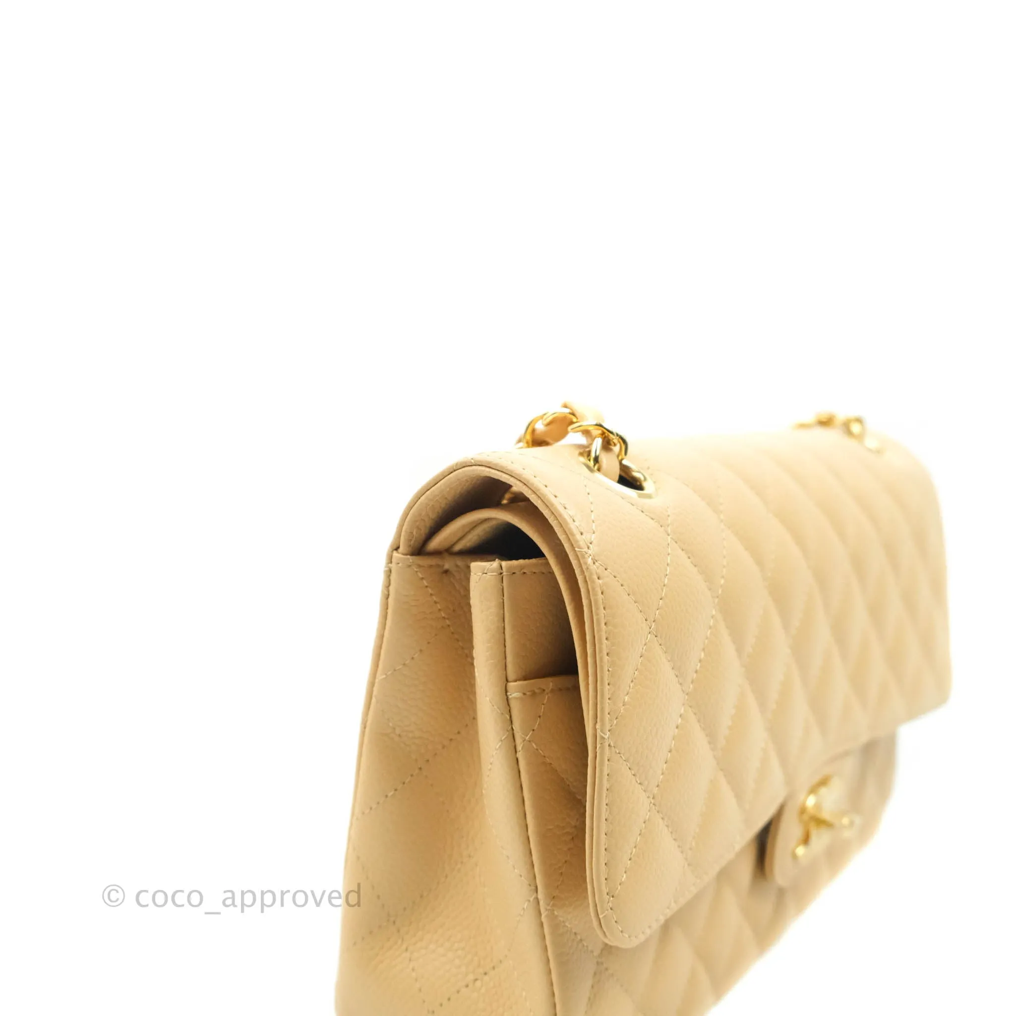 Chanel Classic M/L Medium Flap Quilted Beige Clair Caviar Gold Hardware