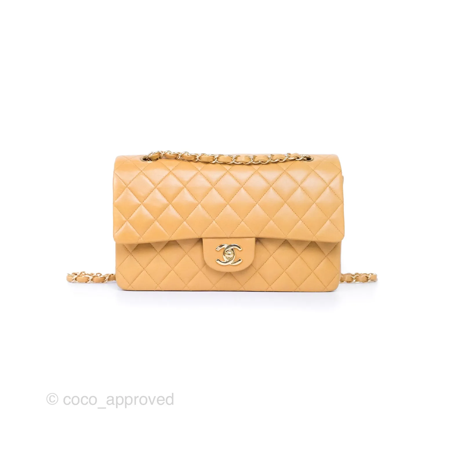 Chanel Classic M/L Medium Flap Quilted Beige Lambskin 24K Gold Hardware