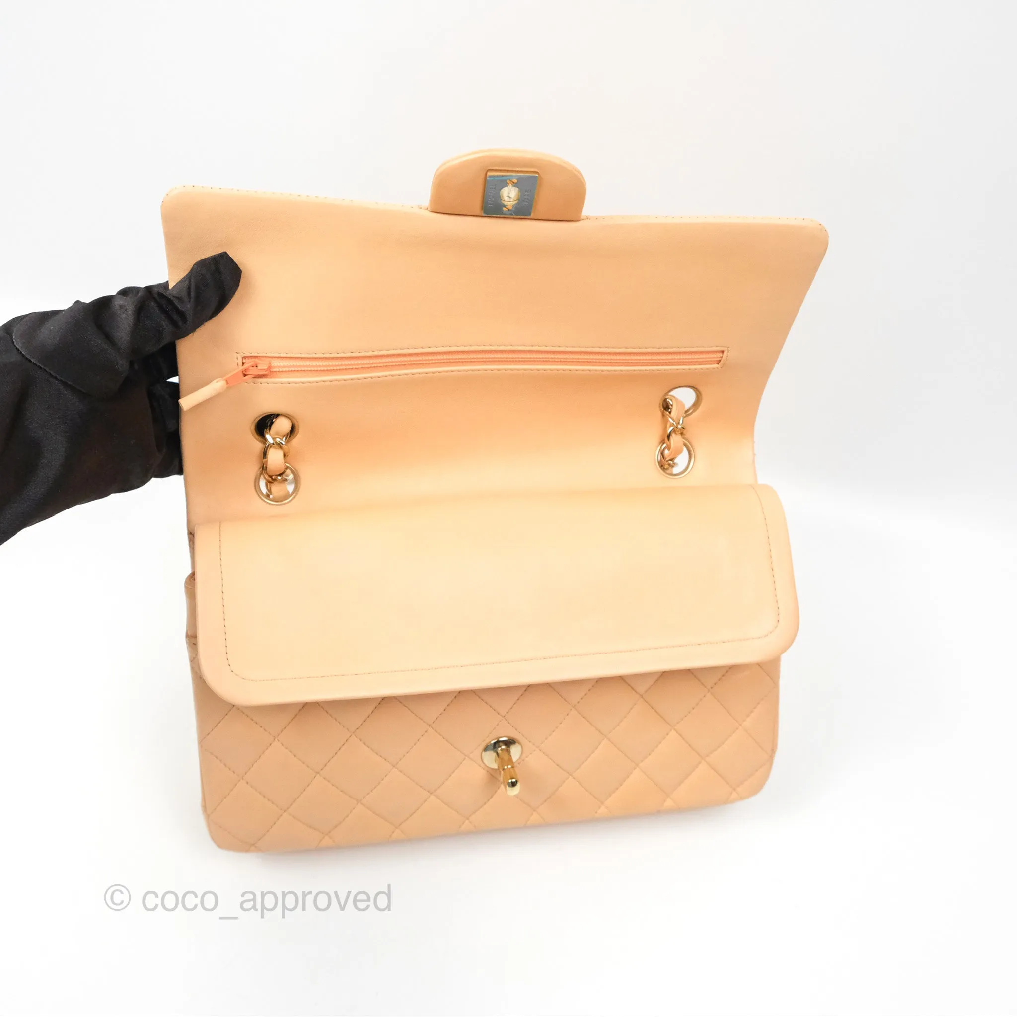 Chanel Classic M/L Medium Flap Quilted Beige Pink Lambskin Gold Hardware