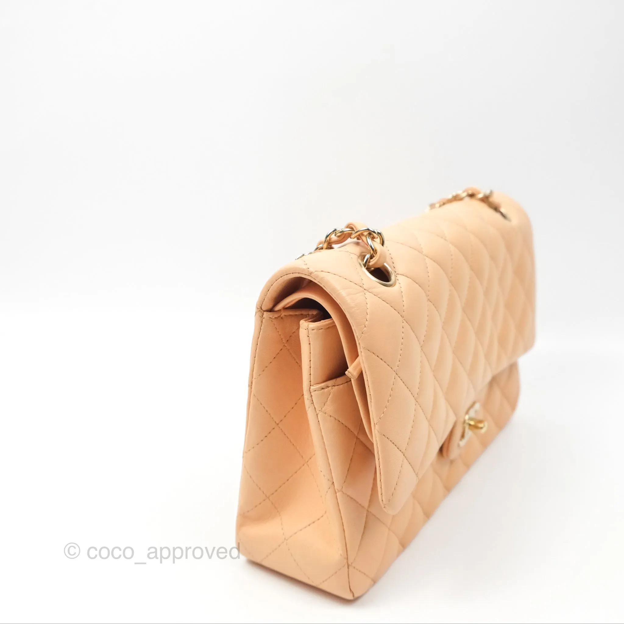 Chanel Classic M/L Medium Flap Quilted Beige Pink Lambskin Gold Hardware