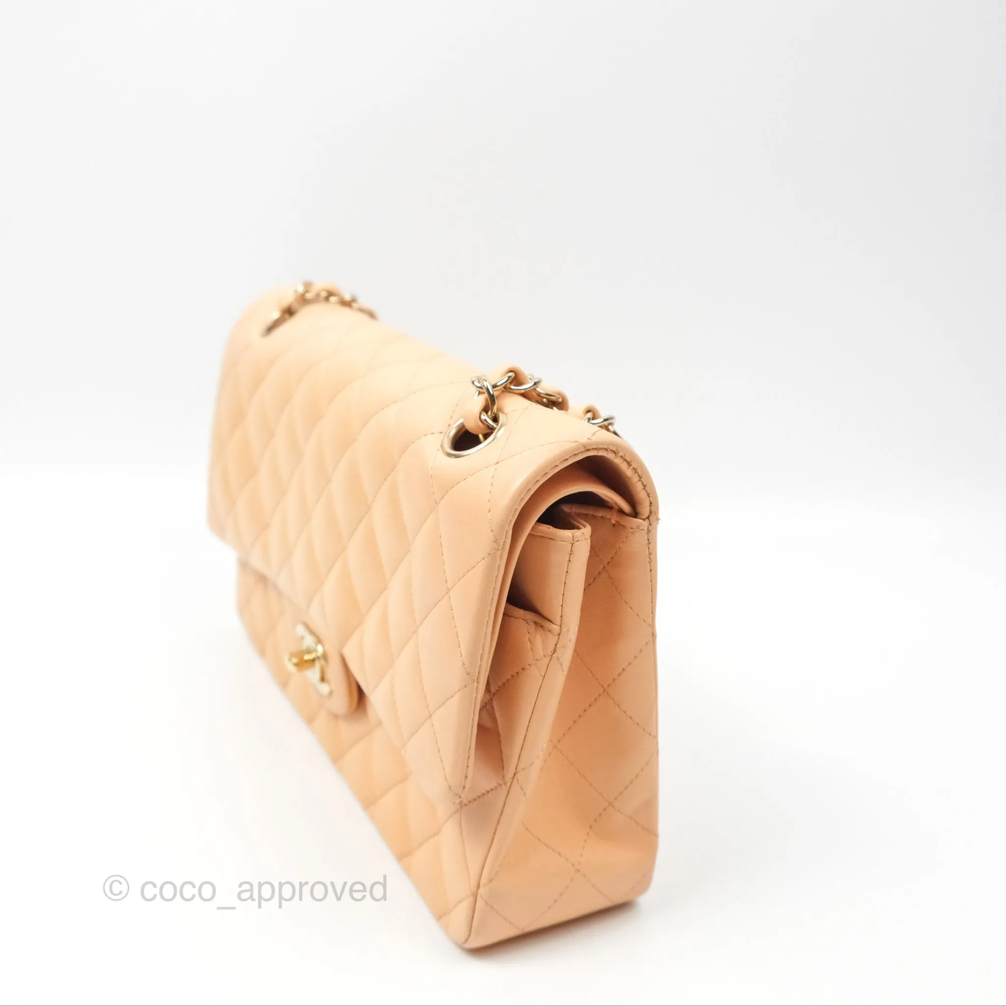 Chanel Classic M/L Medium Flap Quilted Beige Pink Lambskin Gold Hardware