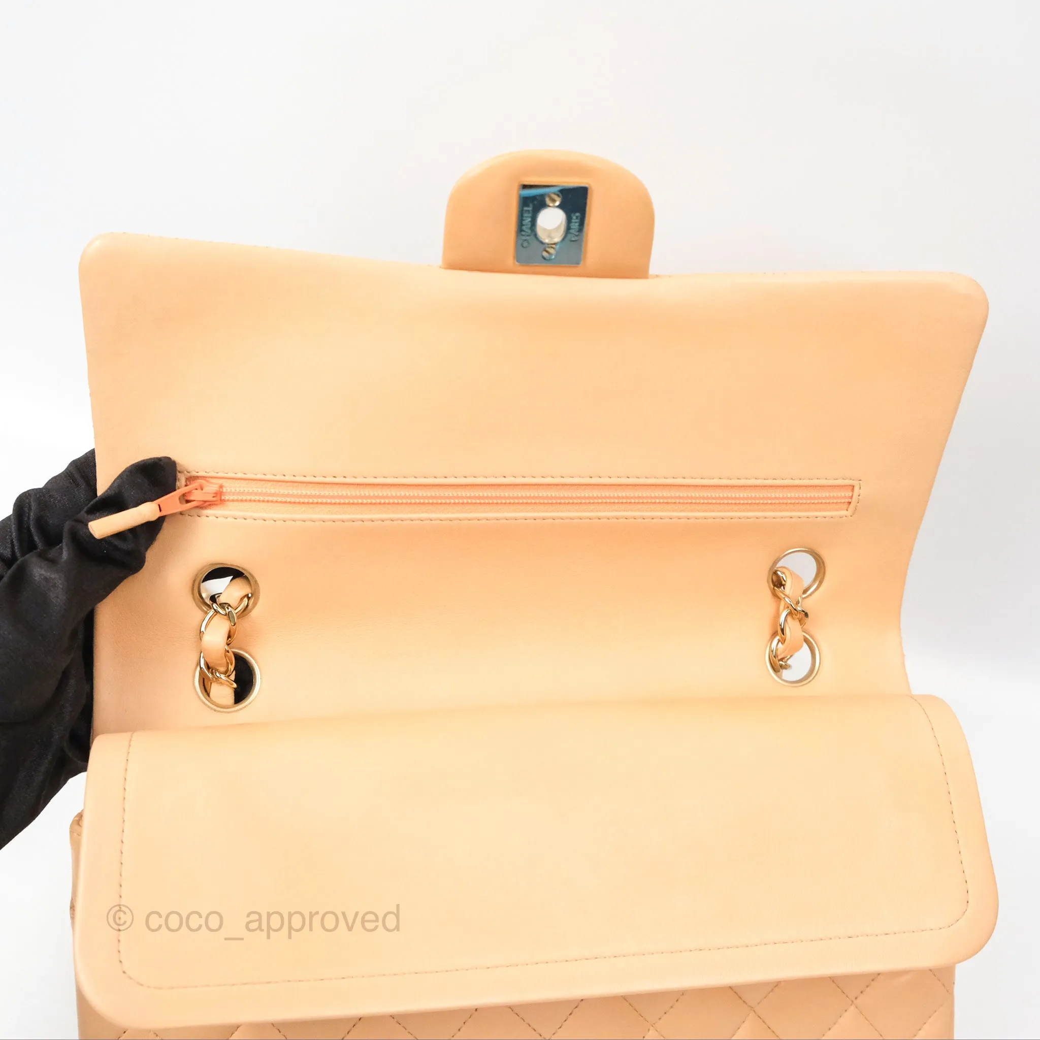 Chanel Classic M/L Medium Flap Quilted Beige Pink Lambskin Gold Hardware