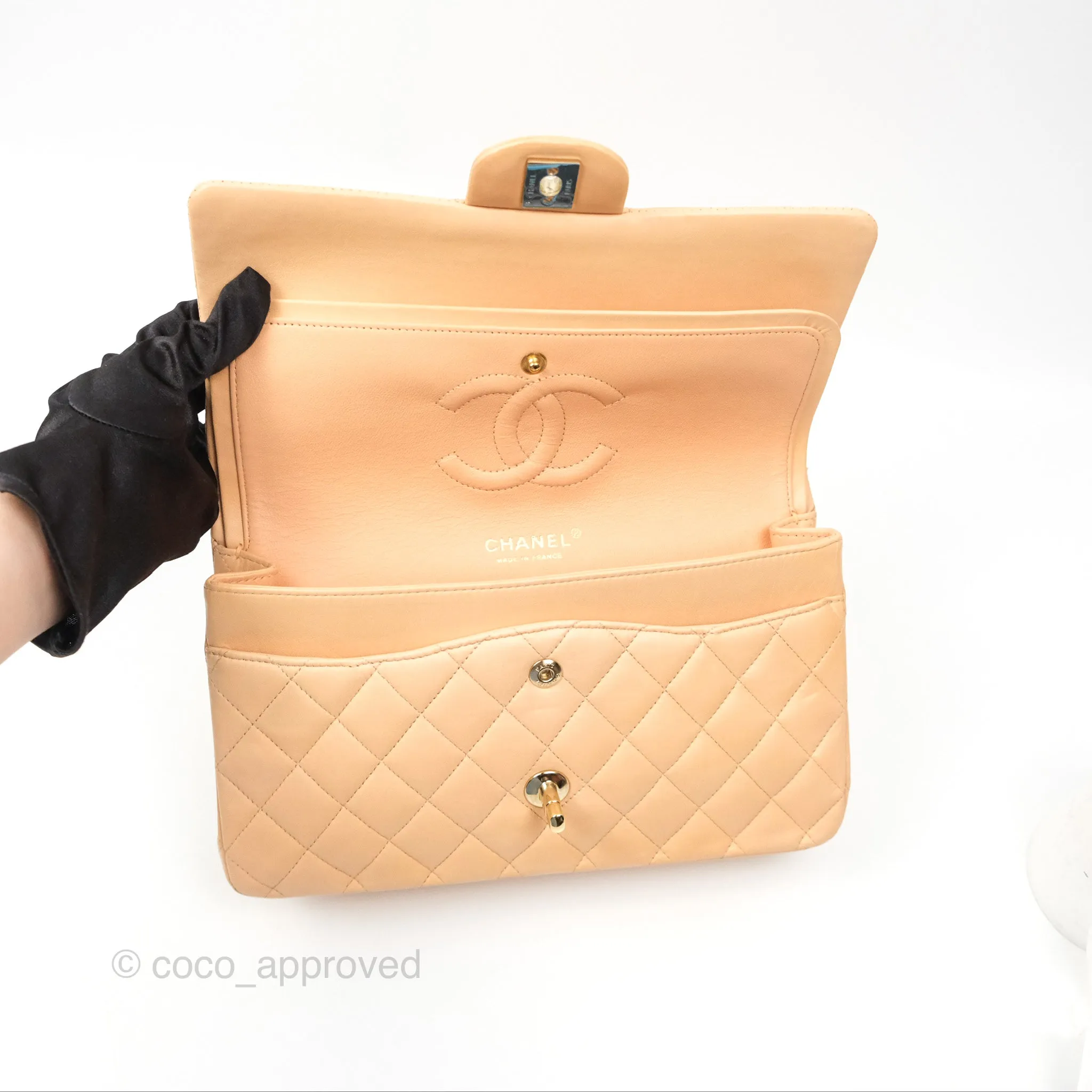Chanel Classic M/L Medium Flap Quilted Beige Pink Lambskin Gold Hardware