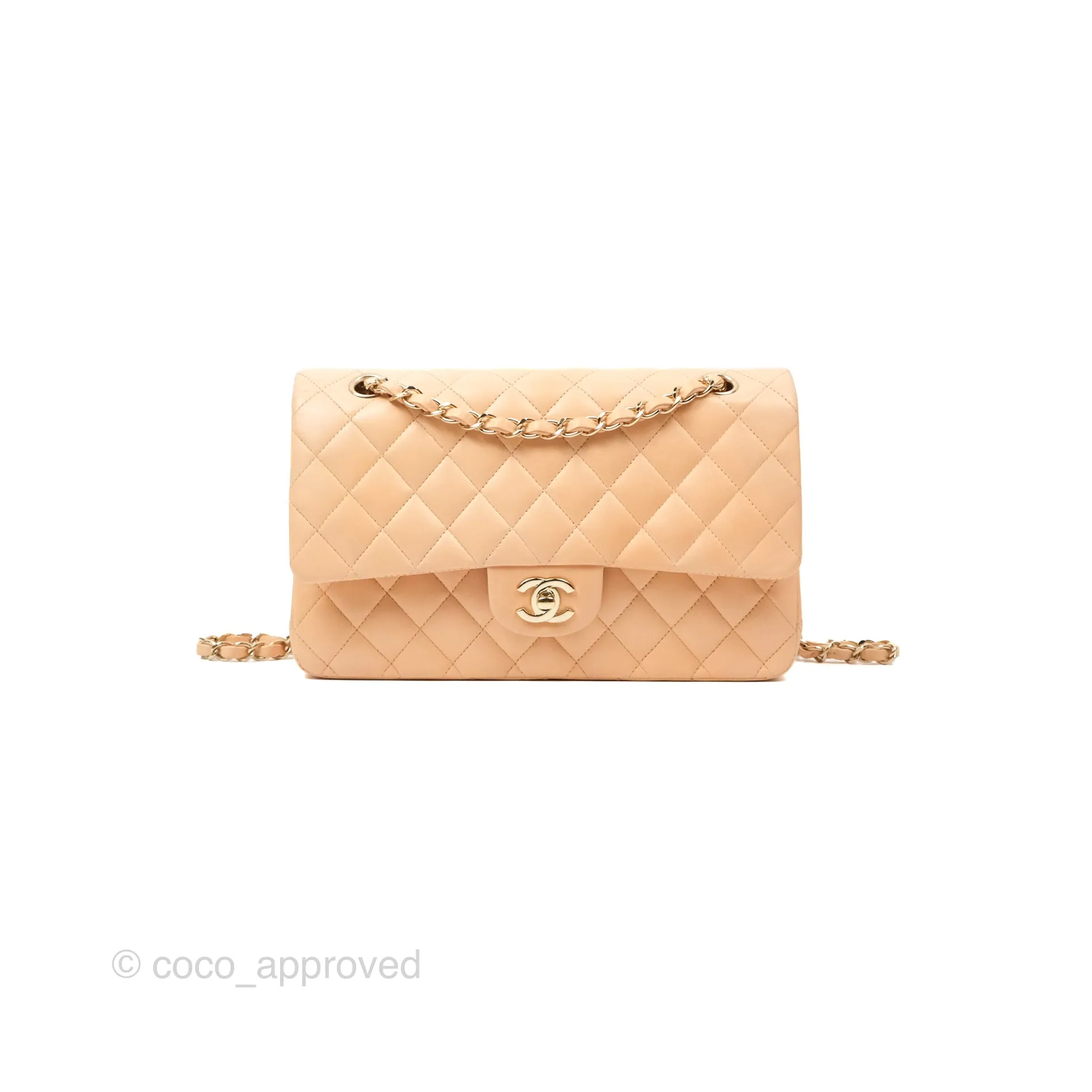 Chanel Classic M/L Medium Flap Quilted Beige Pink Lambskin Gold Hardware