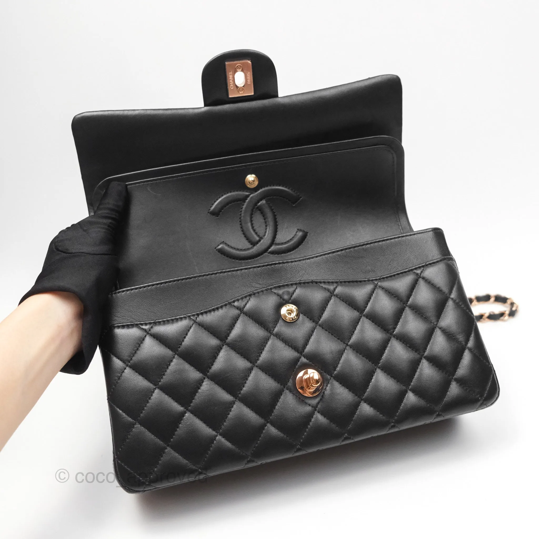Chanel Classic M/L Medium Flap Quilted Black Lambskin Rose Gold Hardware