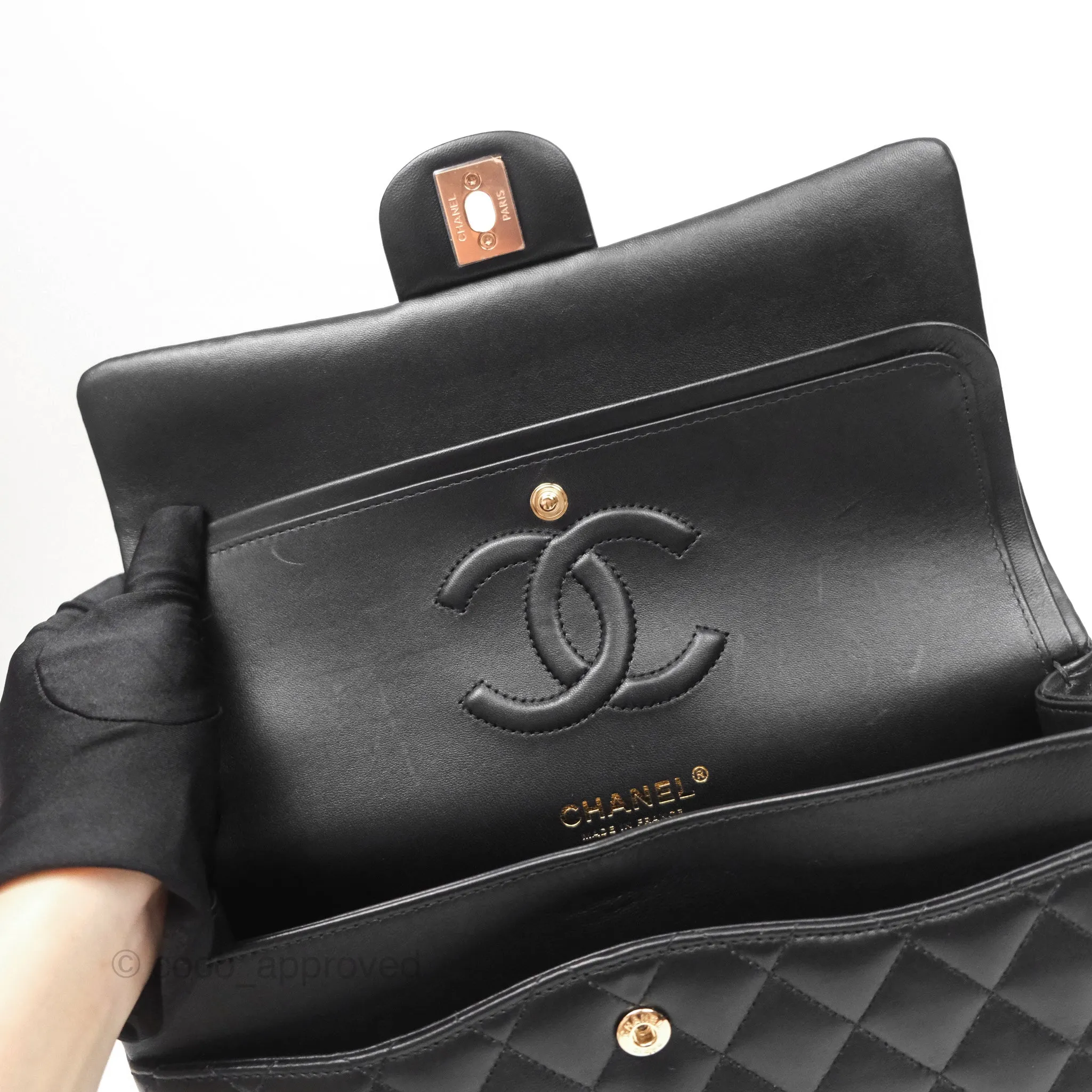 Chanel Classic M/L Medium Flap Quilted Black Lambskin Rose Gold Hardware