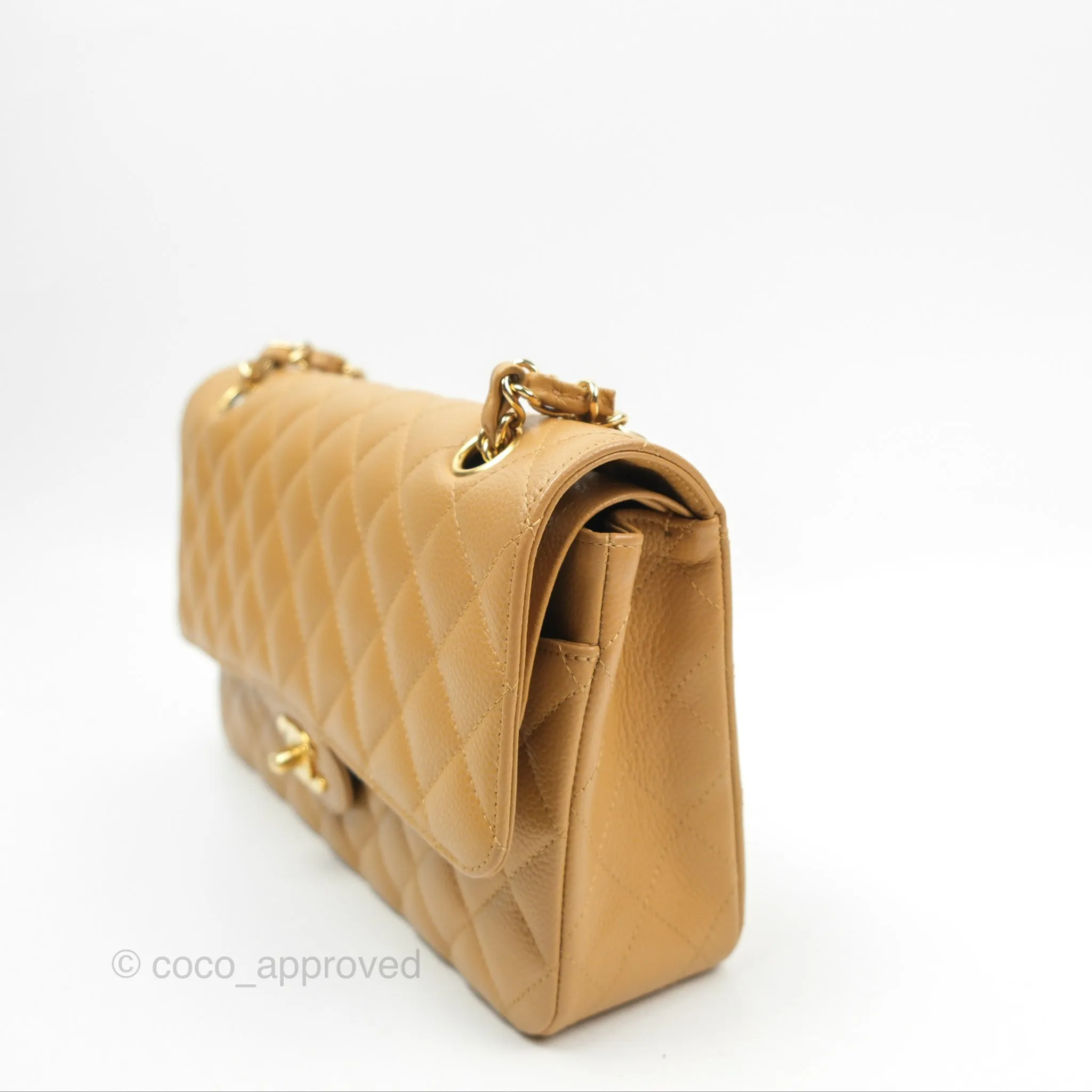 Chanel Classic M/L Medium Flap Quilted Dark Beige Caviar 24K Gold Hardware