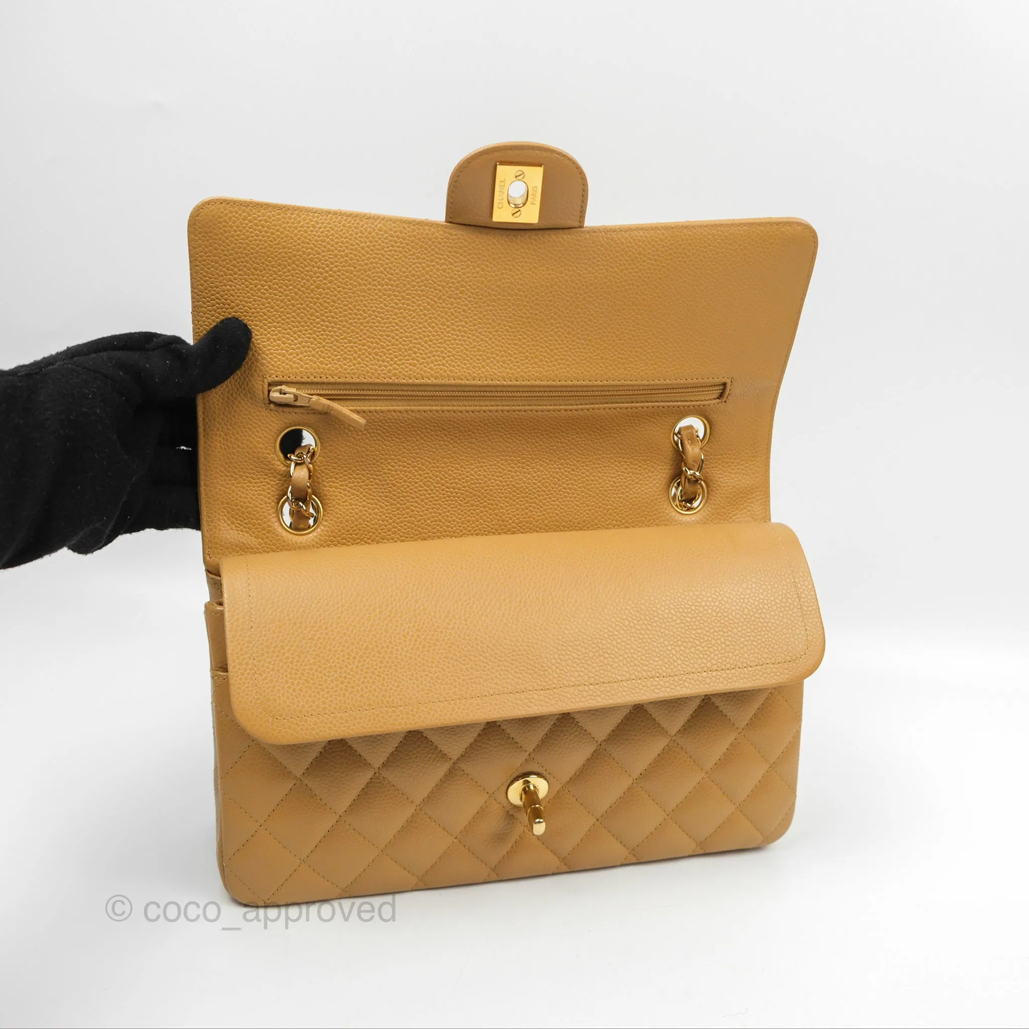 Chanel Classic M/L Medium Flap Quilted Dark Beige Caviar 24K Gold Hardware