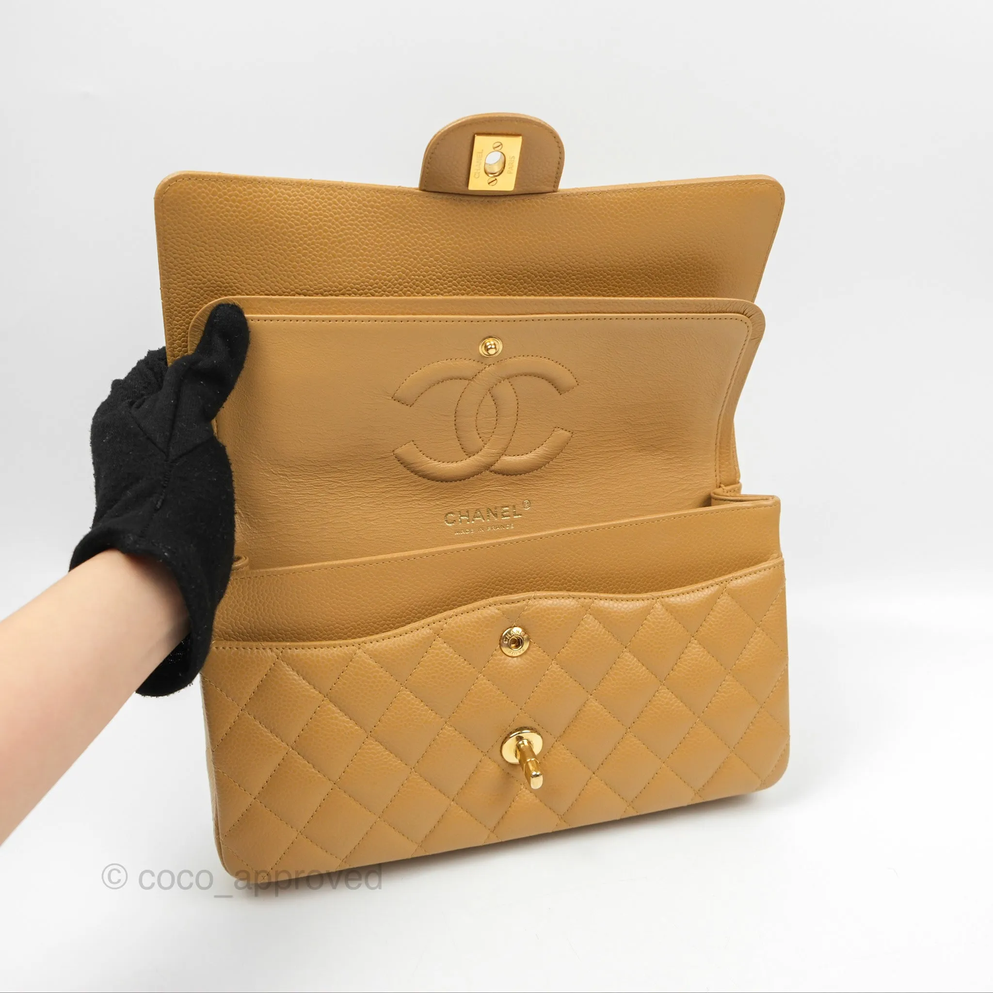 Chanel Classic M/L Medium Flap Quilted Dark Beige Caviar 24K Gold Hardware