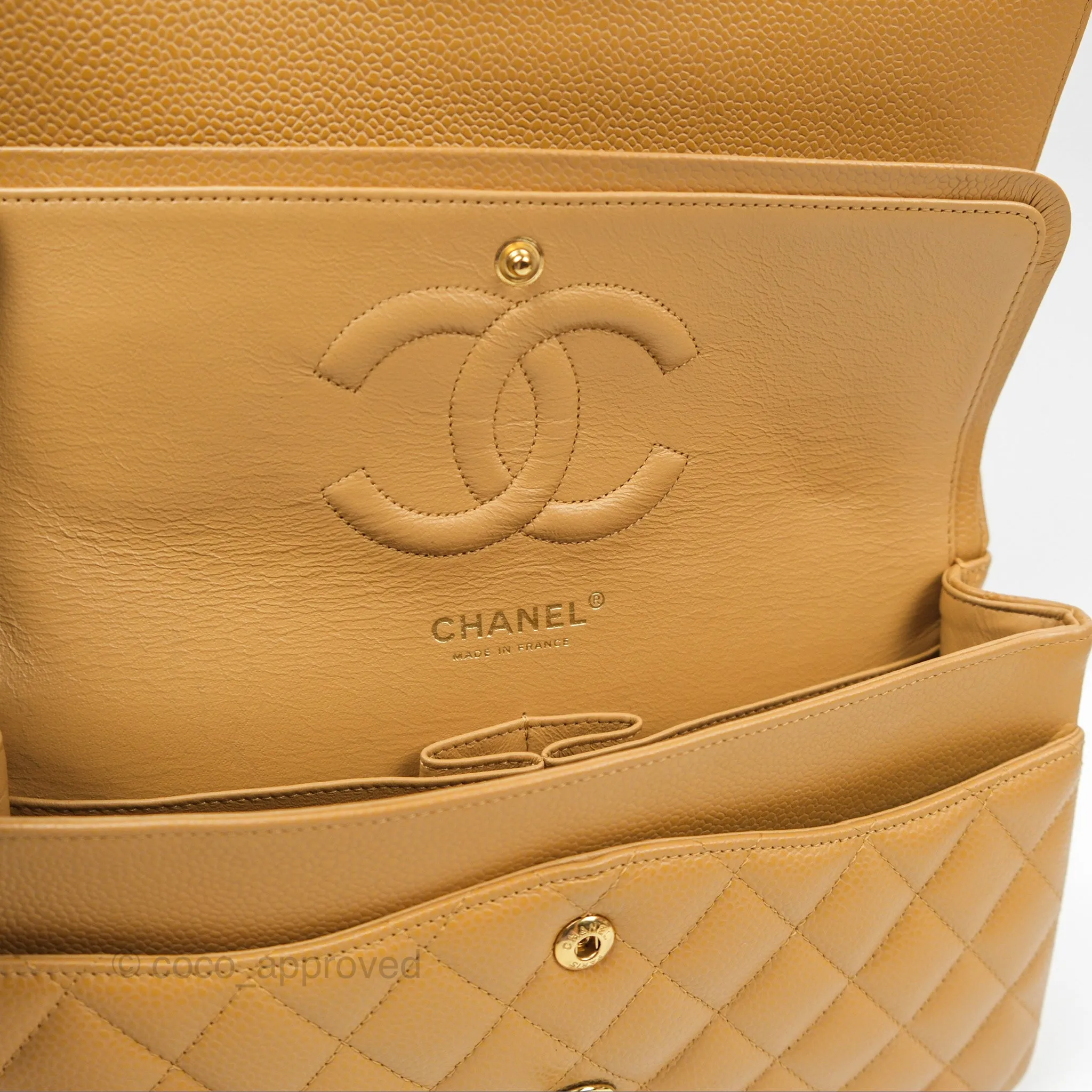 Chanel Classic M/L Medium Flap Quilted Dark Beige Caviar 24K Gold Hardware