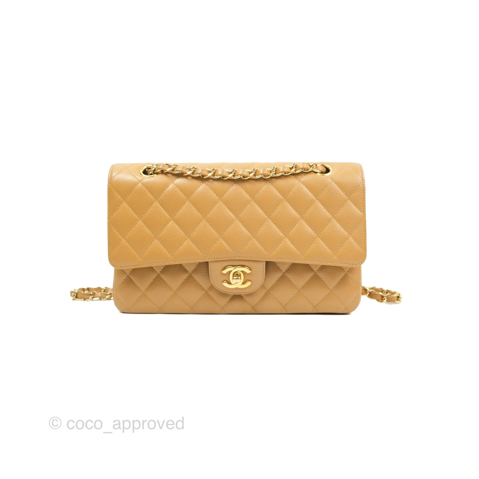 Chanel Classic M/L Medium Flap Quilted Dark Beige Caviar 24K Gold Hardware